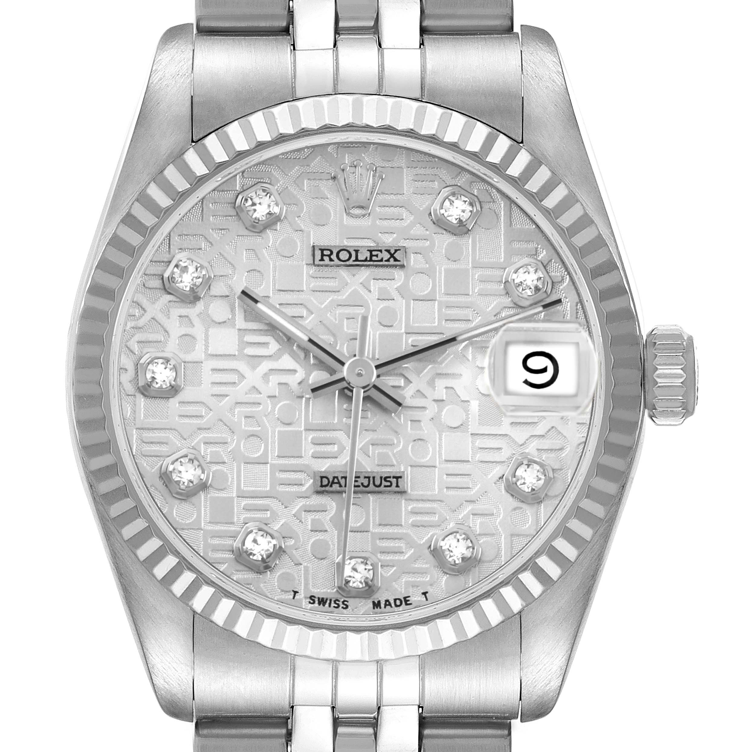 The Rolex Datejust 68274 Women's Stainless Steel Silver Dial watch is shown from a straight-on angle, displaying the dial, bezel, crown, and part of the bracelet.