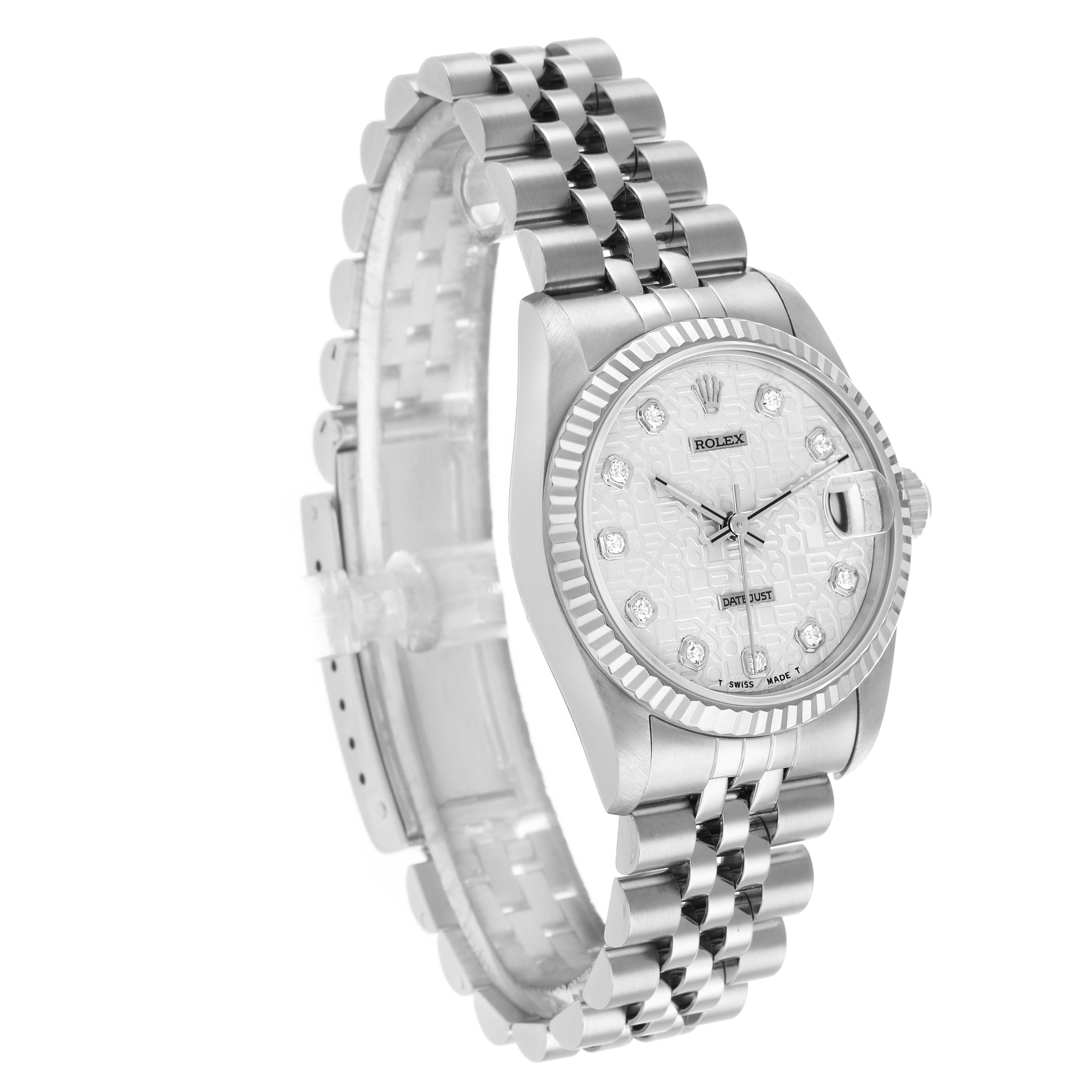 The image shows a Rolex Datejust 68274 Women's Stainless Steel Silver Dial watch at a three-quarter angle, highlighting the bracelet, bezel, and dial with diamond markers.