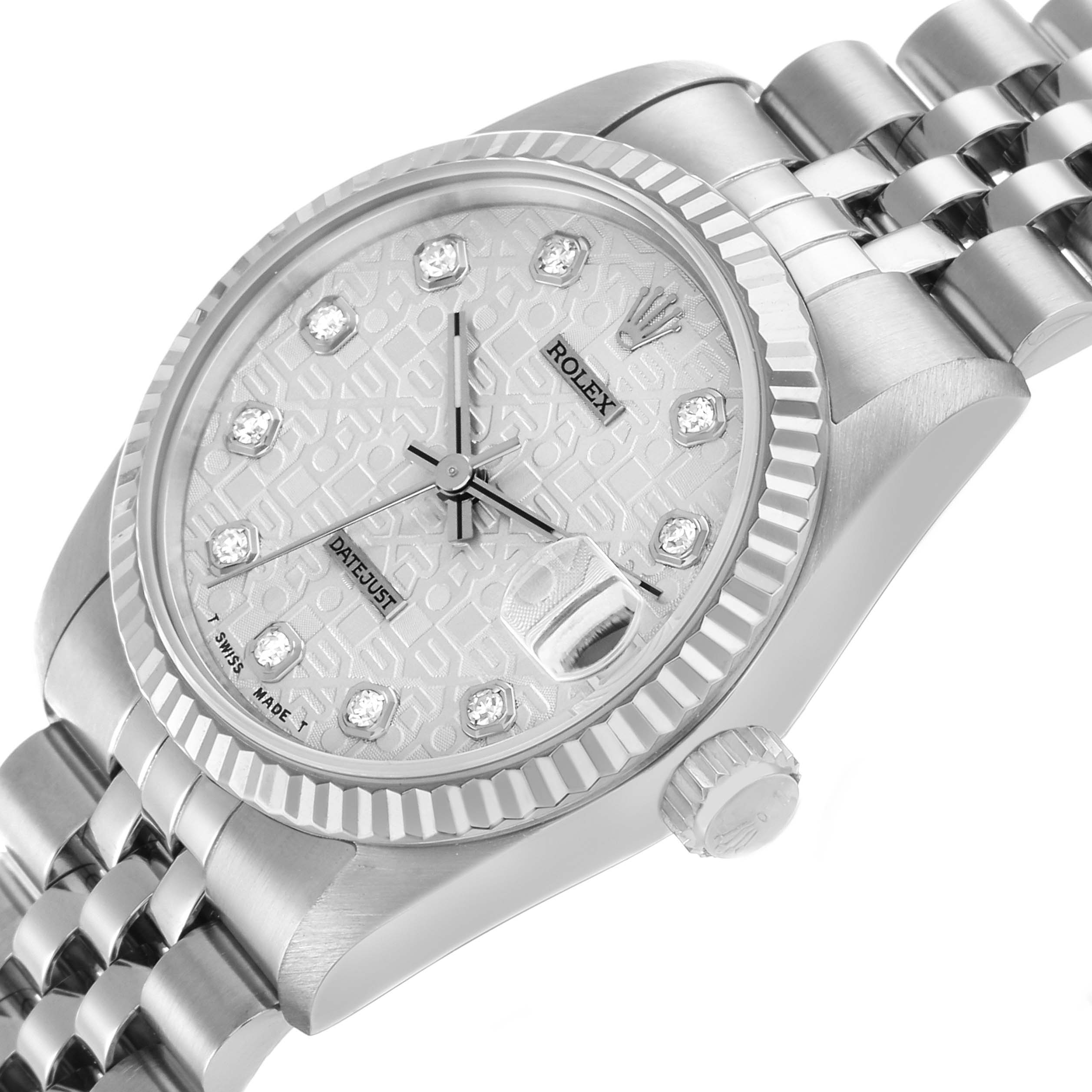 The Rolex Datejust 68274 Women's Stainless Steel Silver Dial is shown at an angle highlighting the face, bezel, crown, and part of the bracelet.