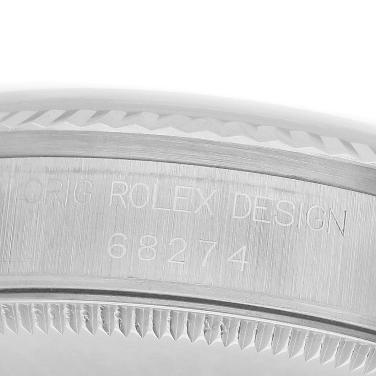 The image shows a close-up of the case side and bezel of a Rolex Datejust 68274 Women's Stainless Steel Silver Dial, highlighting the model number engraving.