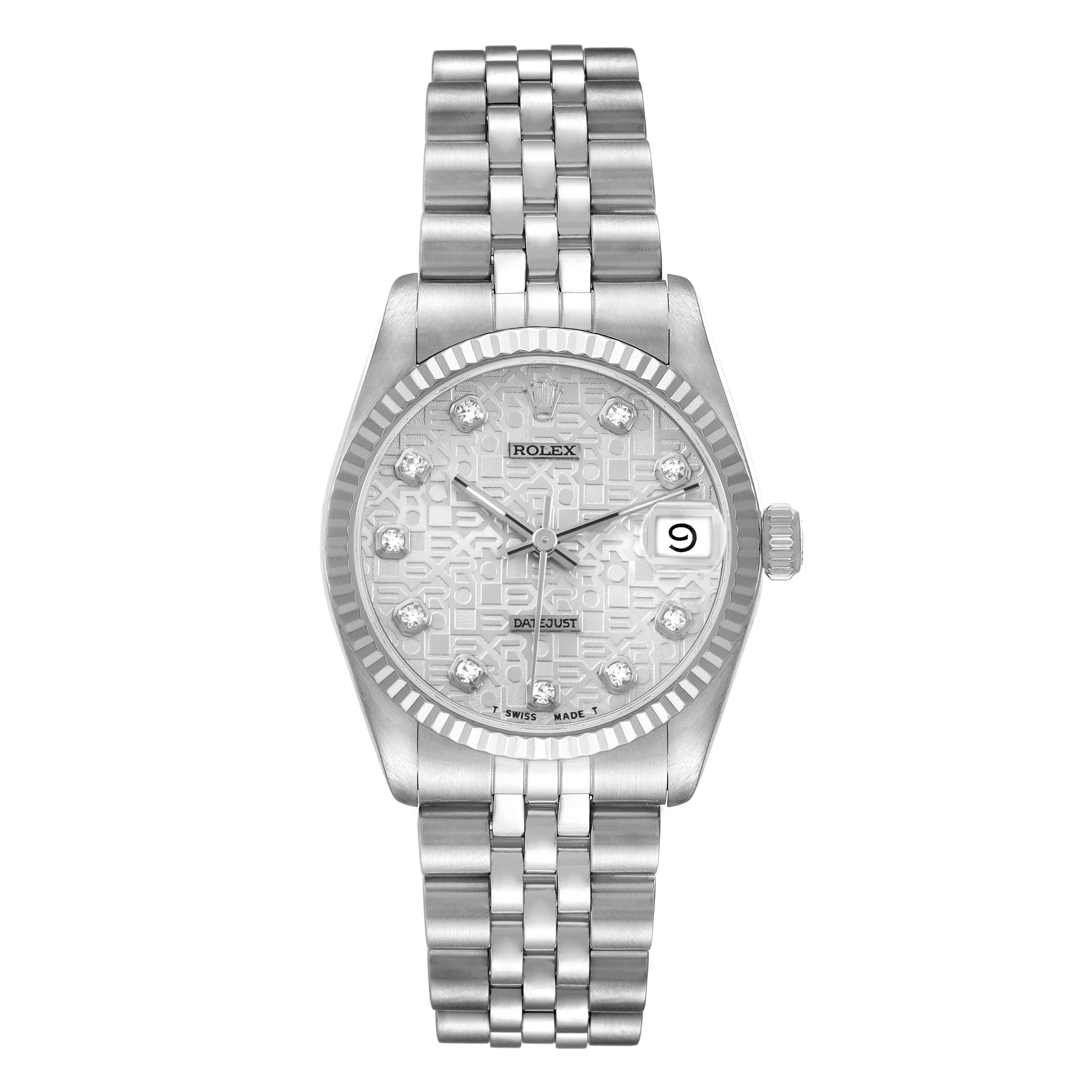 The Rolex Datejust 68274 Women's Stainless Steel Silver Dial watch is shown from a front angle, highlighting the dial, bezel, and bracelet.
