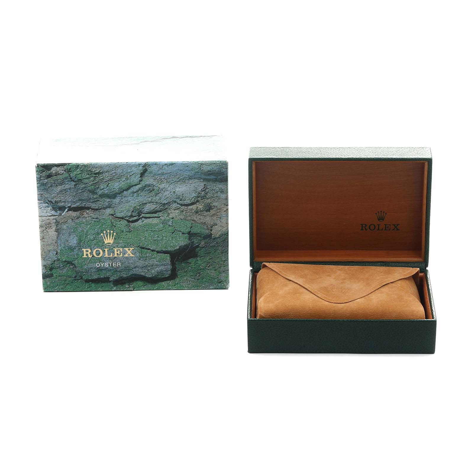 The image shows a Rolex Datejust 68274 Women's Stainless Steel Silver Dial watch box and cover, with an inner suede pouch, displayed from the front angle.