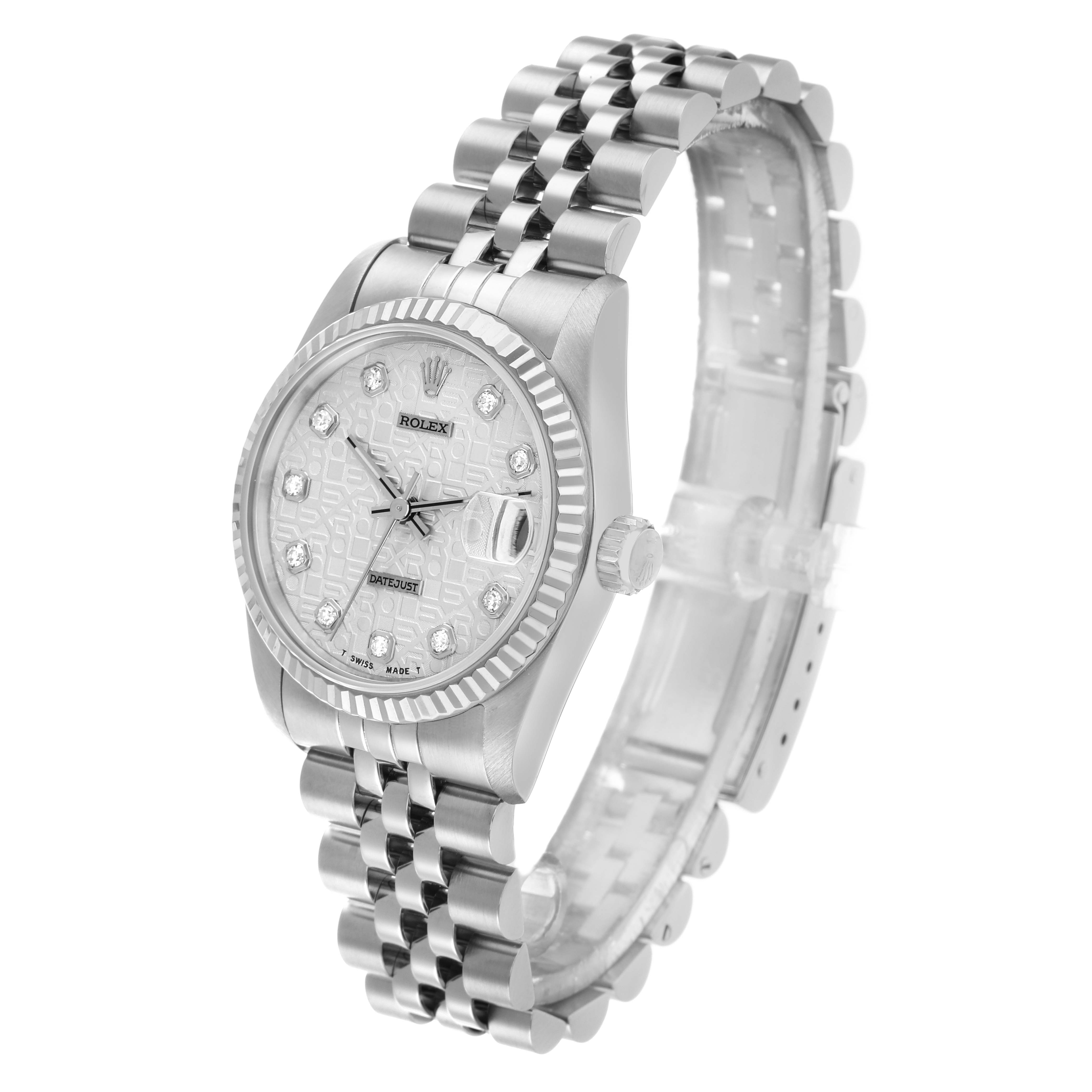 The Rolex Datejust 68274 Women's Stainless Steel Silver Dial watch is shown in a three-quarter angle highlighting the face, fluted bezel, and Jubilee bracelet.