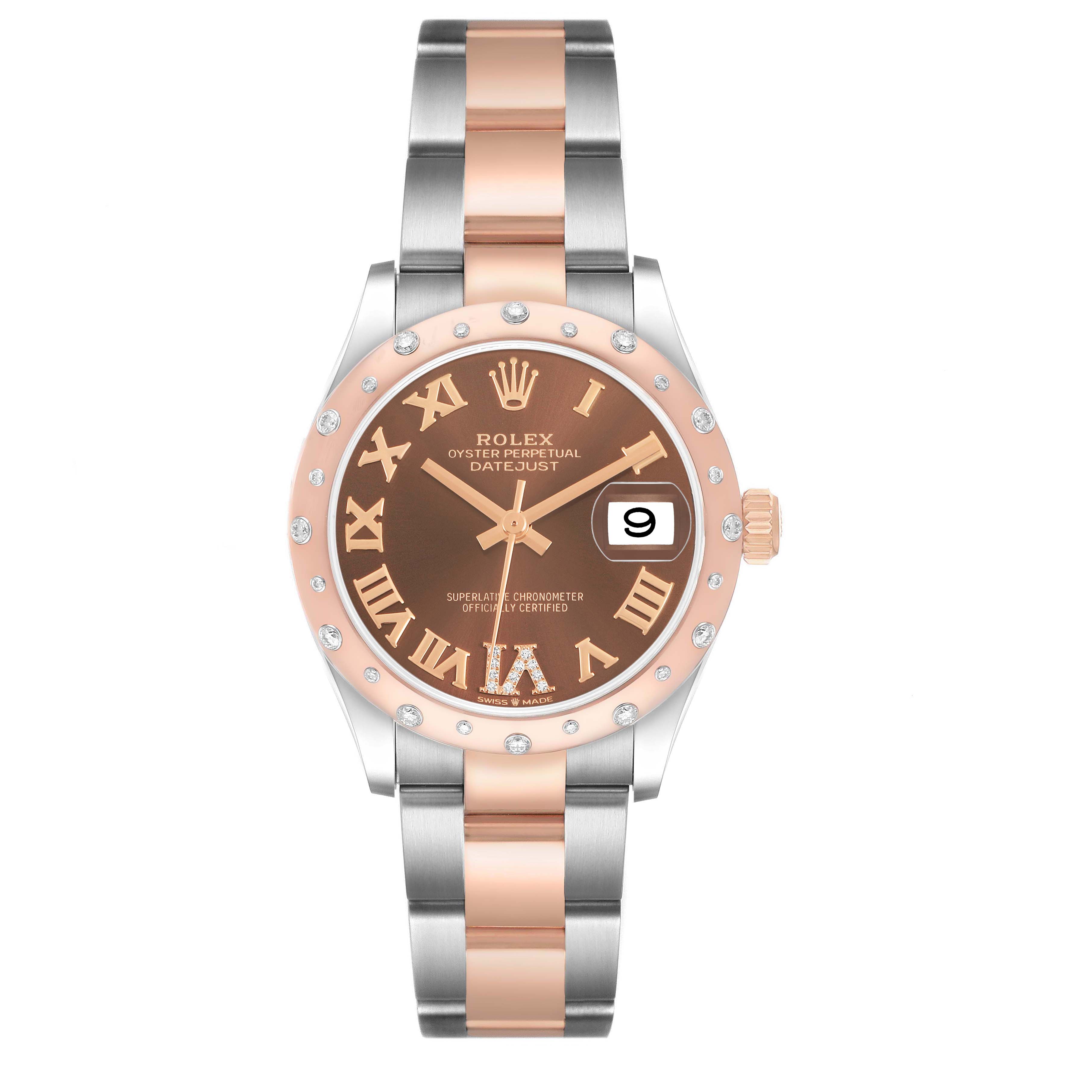 The image shows a Rolex Datejust 278341 Women's Steel and Gold (two tone) Brown Dial watch from a front view, highlighting its dial, bezel, and bracelet.