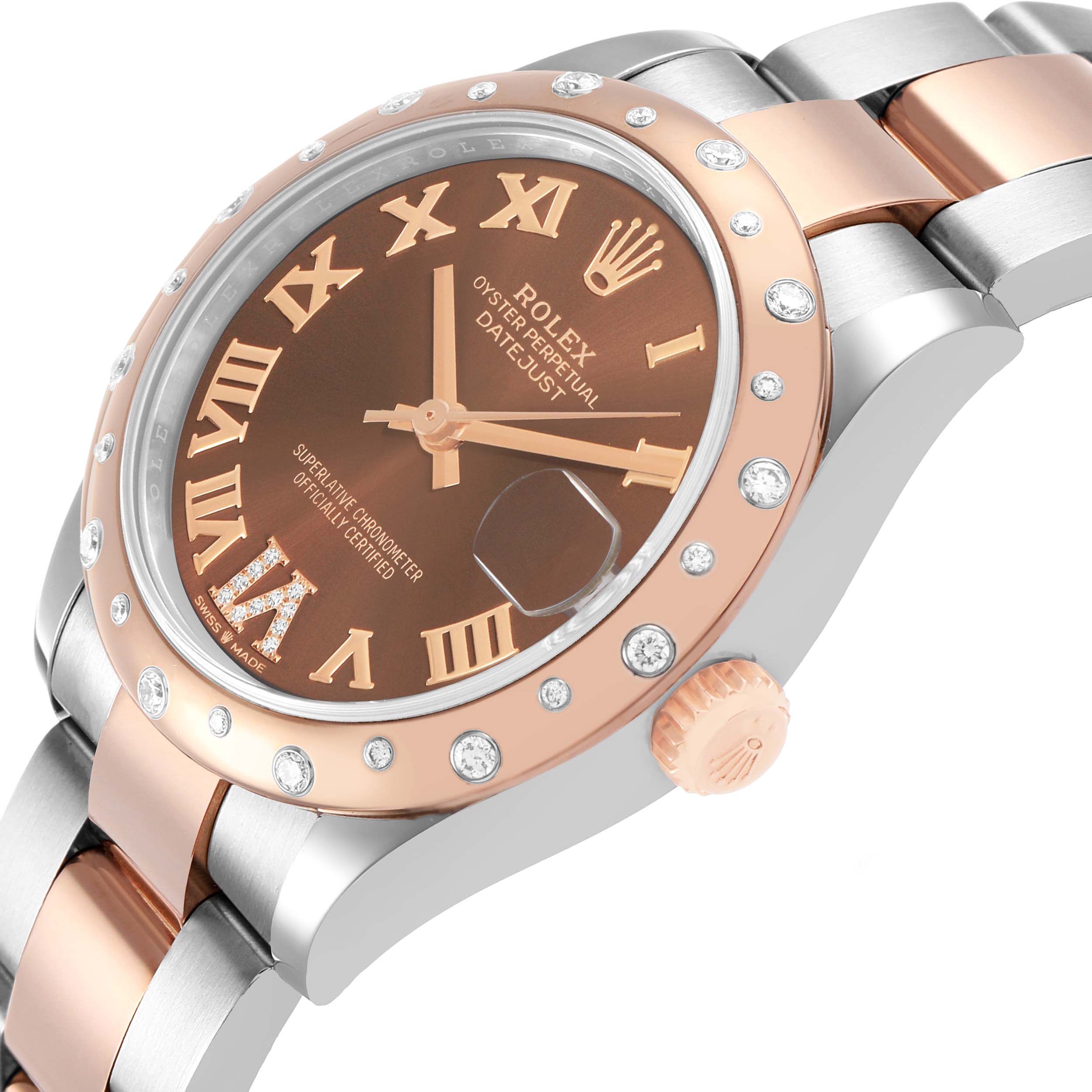 The Rolex Datejust 278341 Women's Steel and Gold (two tone) Brown Dial watch is shown from a side angle, highlighting the bezel, dial, crown, and part of the bracelet.