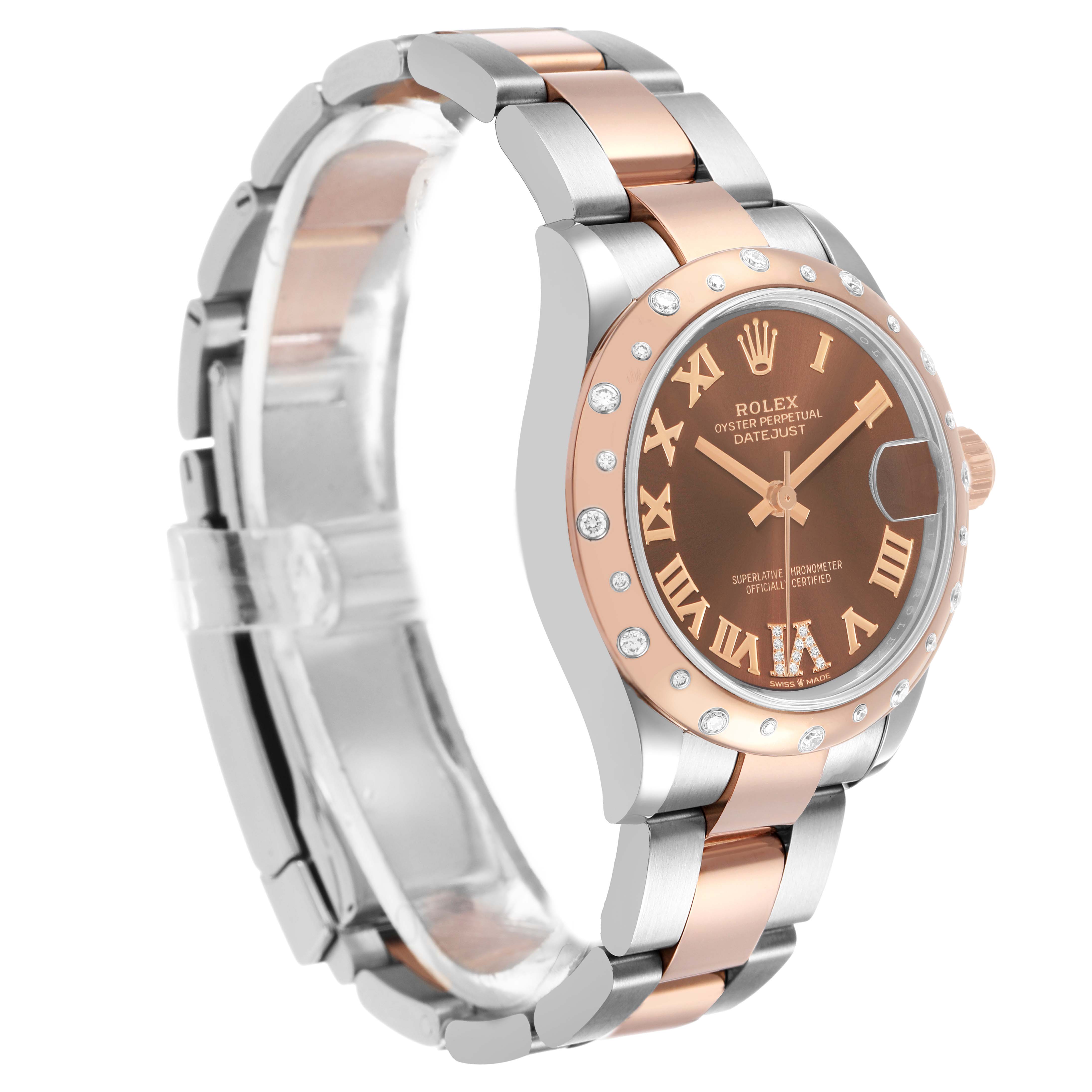 The Rolex Datejust 278341 Women's Steel and Gold (two tone) Brown Dial watch is shown at a three-quarter angle, highlighting its dial, bezel, and bracelet.