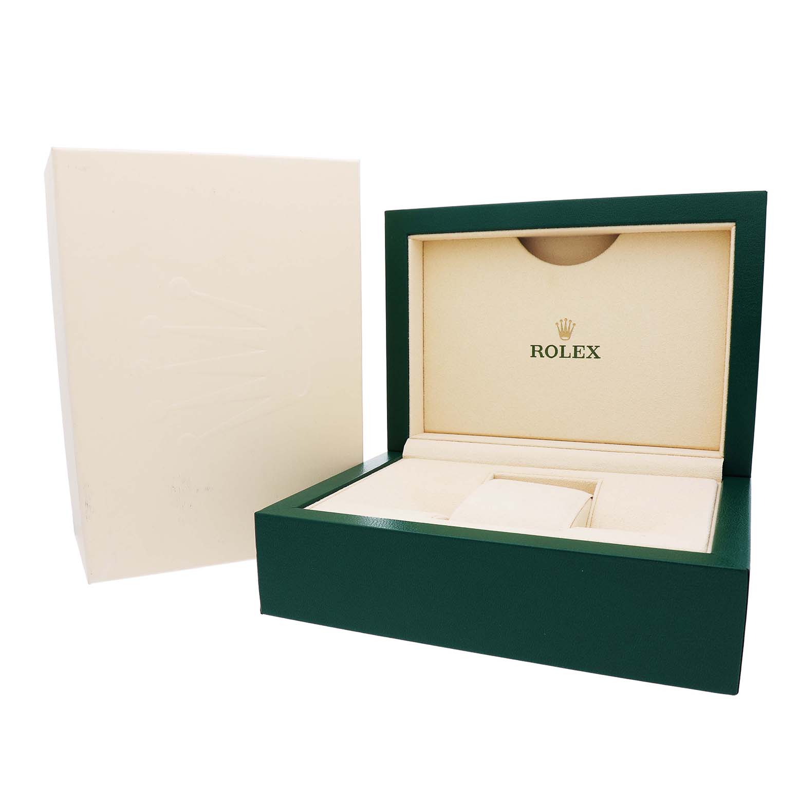 The image shows a green and beige Rolex Datejust 278341 Women's Steel and Gold (two tone) Brown Dial watch box at an open angle, displaying its interior.