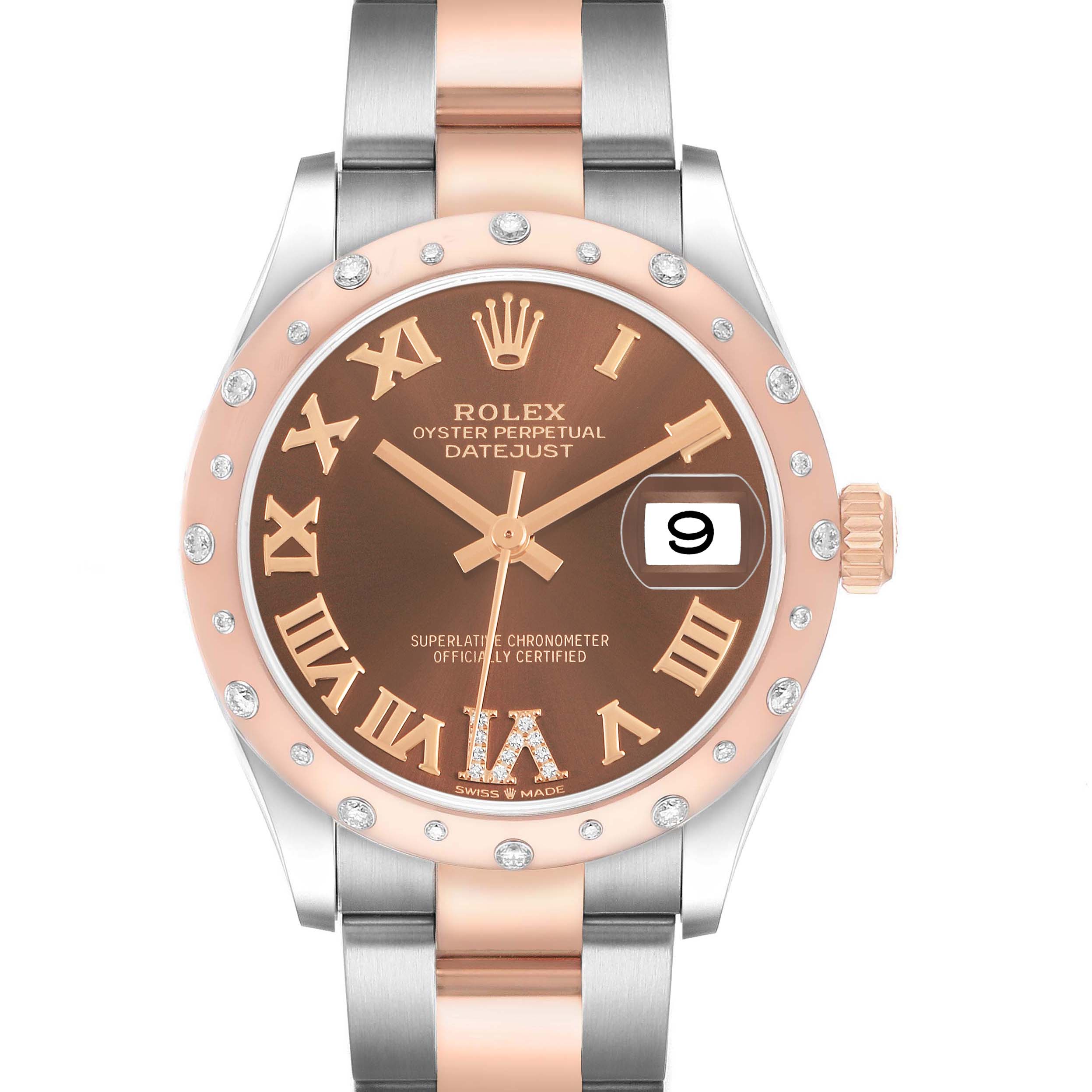 The image shows a frontal view of a Rolex Datejust 278341 Women's Steel and Gold (two tone) Brown Dial, highlighting its brown dial, rose gold and silver strap, Roman numerals, and date feature.