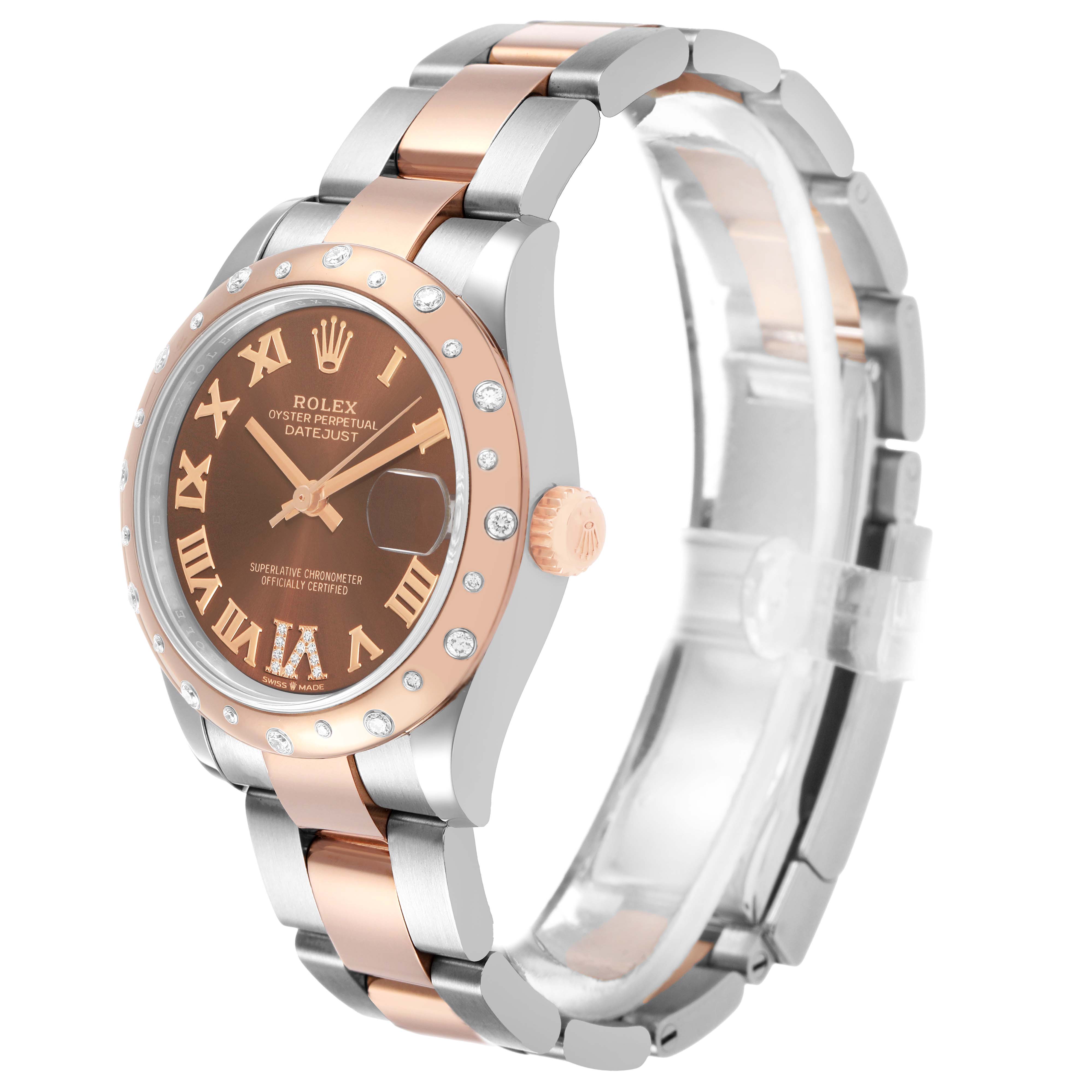 The image shows a side angle of a Rolex Datejust 278341 Women's Steel and Gold (two tone) Brown Dial, highlighting the watch face, bezel, crown, and part of the two-tone bracelet.