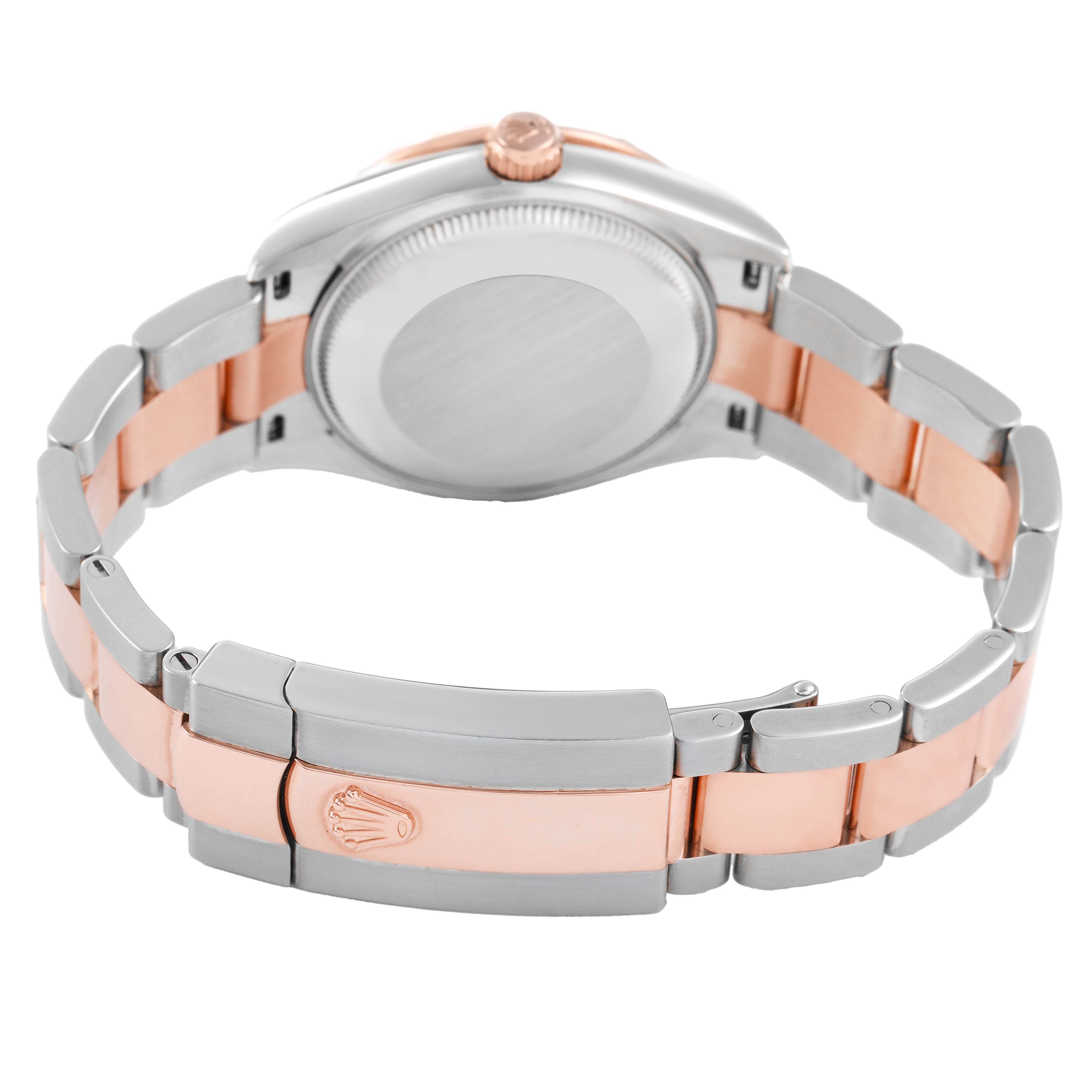 The image shows the back view of a Rolex Datejust 278341 Women's Steel and Gold (two tone) Brown Dial, highlighting the bracelet, clasp, case back, and crown.