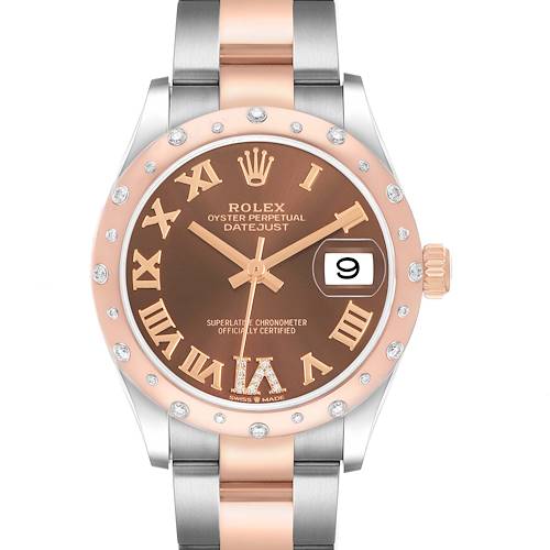 This Rolex Datejust 278341 Women's Steel and Gold (two tone) Brown Dial watch is shown from the front, displaying the face, bezel, and bracelet.