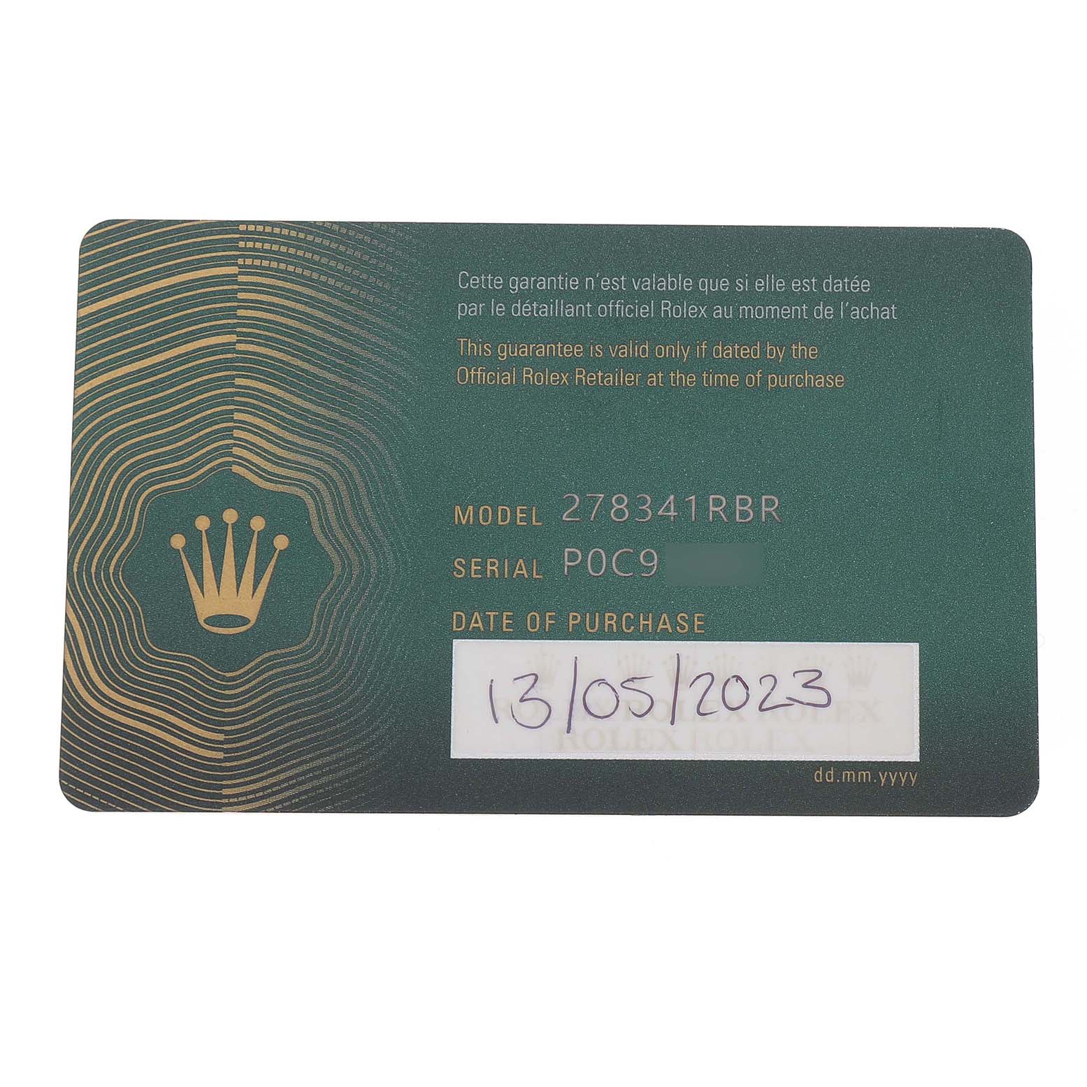 The image shows a Rolex Datejust Women's Steel and Gold (two tone) Pink Dial guarantee card with model and serial numbers visible.