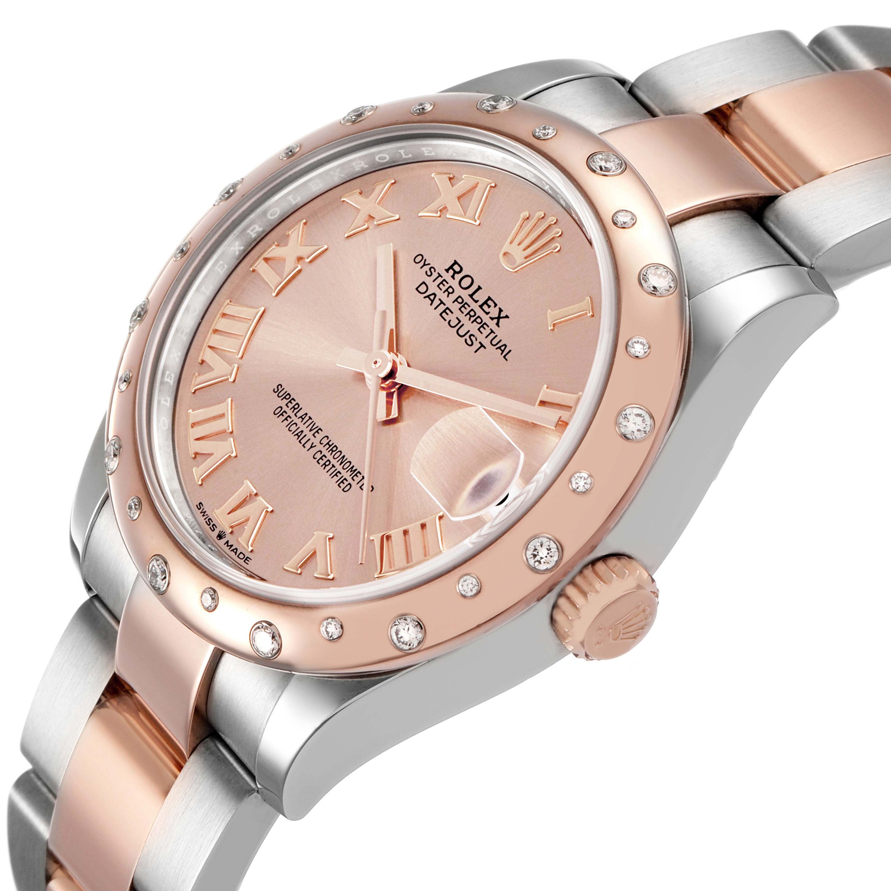 The image shows a Rolex Datejust Women's Steel and Gold (two tone) Pink Dial watch at an angled view, highlighting the bezel, dial, crown, and bracelet.