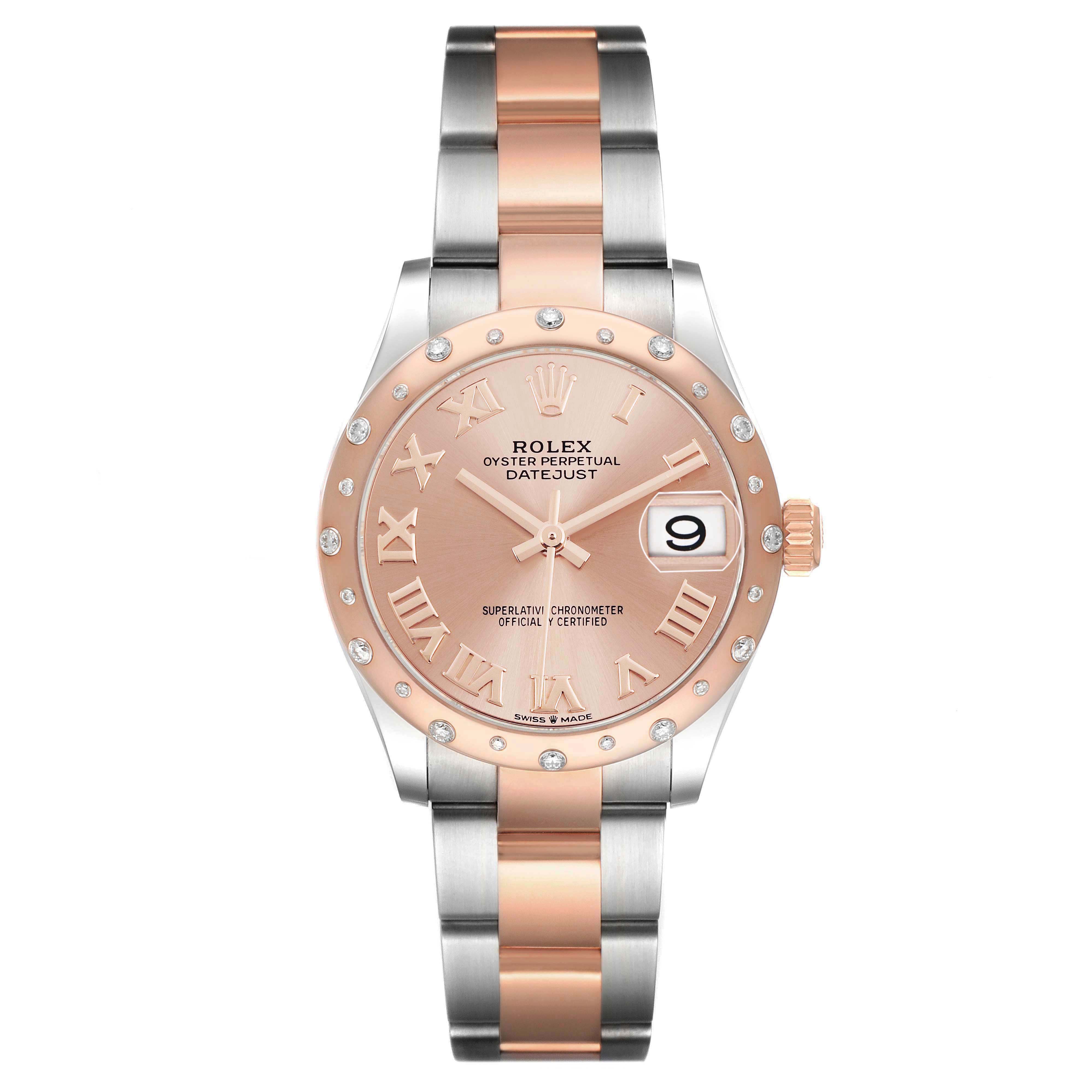 The Rolex Datejust Women's Steel and Gold (two tone) Pink Dial watch is shown from a front angle, displaying the dial, bezel, and bracelet.