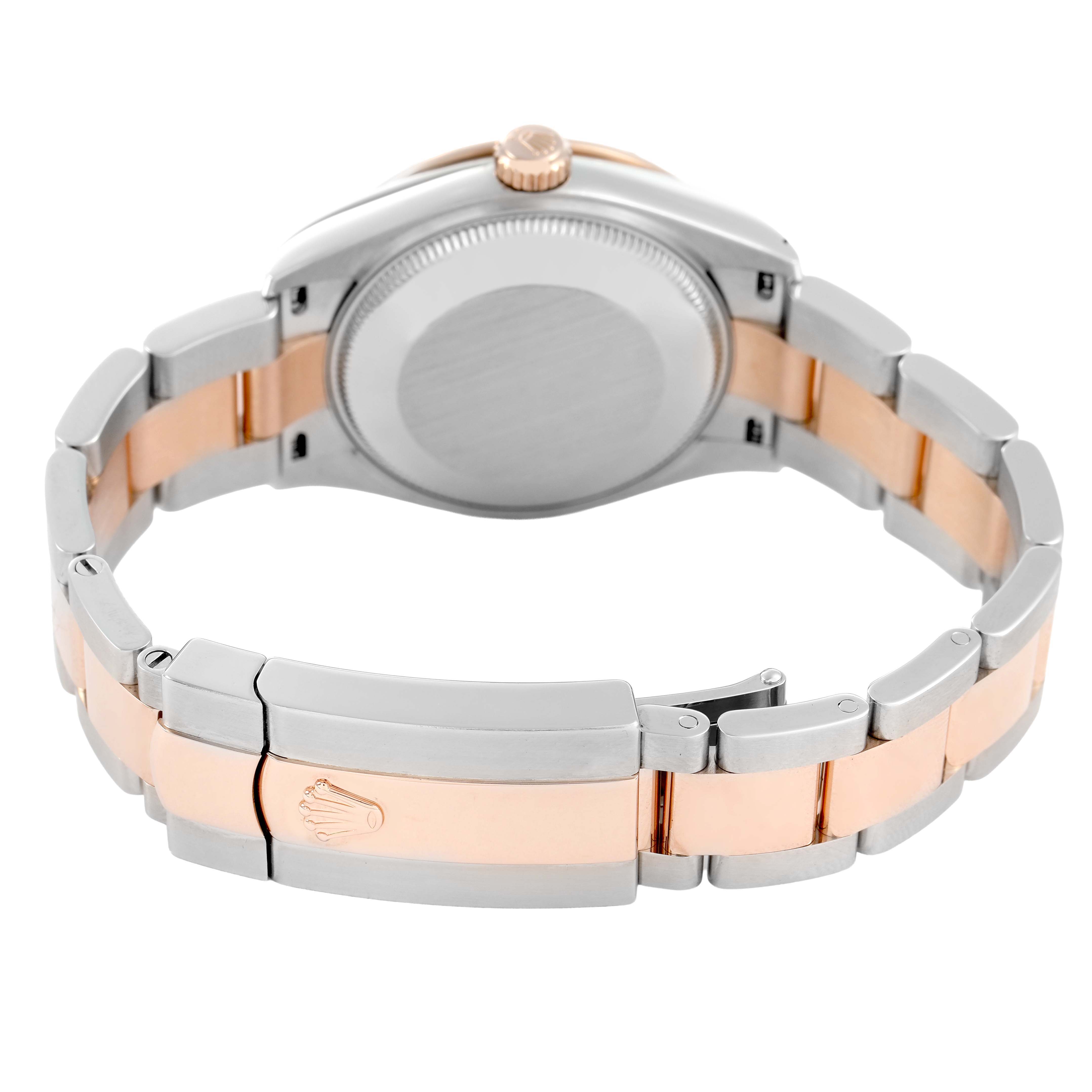 The image shows the back and bracelet of a Rolex Datejust Women's Steel and Gold (two tone) Pink Dial, highlighting the two-tone metal and clasp with the Rolex logo.