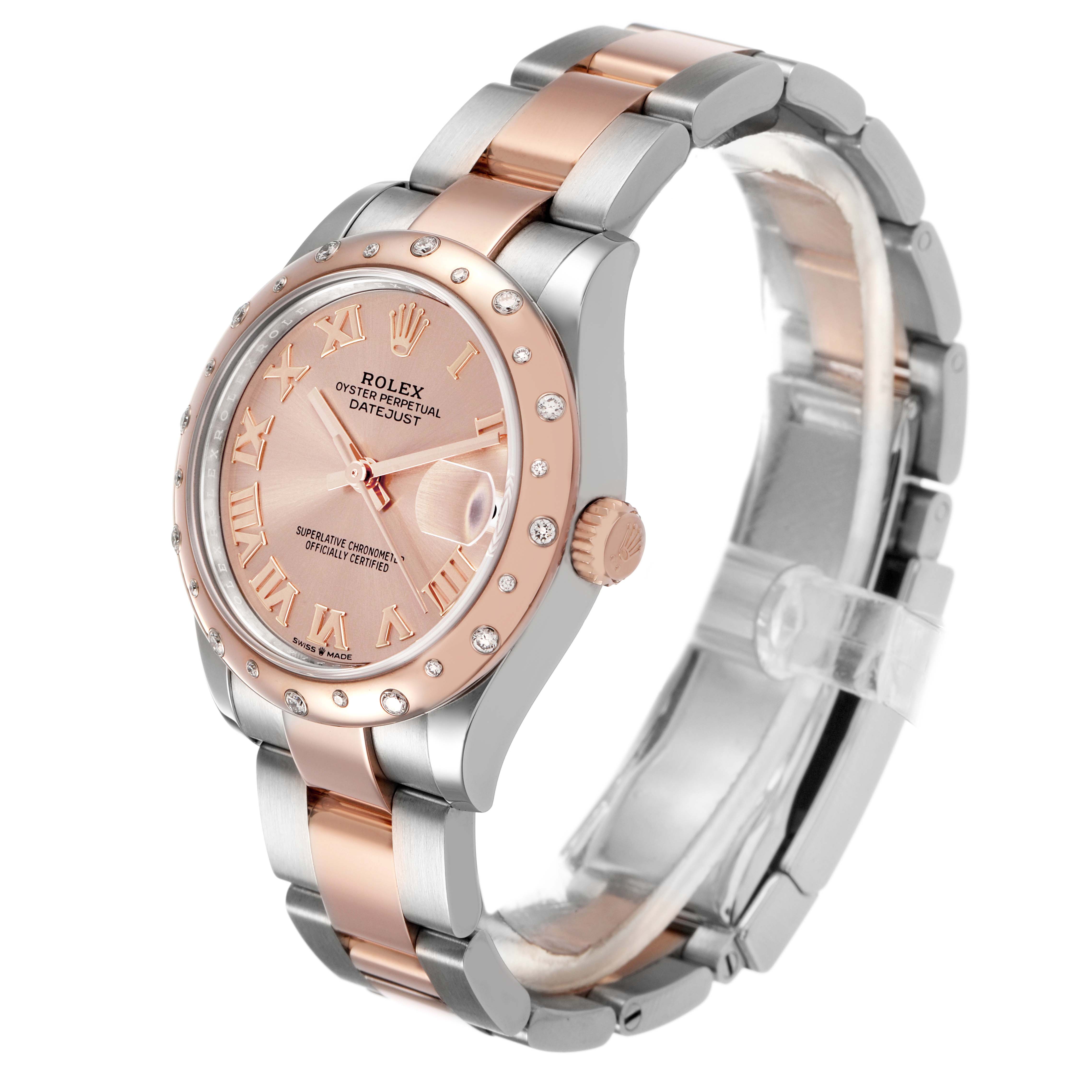 The Rolex Datejust Women's Steel and Gold (two tone) Pink Dial watch is shown at an angled side view, highlighting the rose gold and silver bracelet, bezel, and dial.