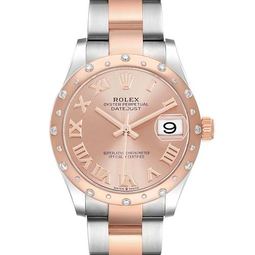 The Rolex Datejust Women's Steel and Gold (two tone) Pink Dial watch is shown from the front, highlighting its dial, bezel, and part of the bracelet.