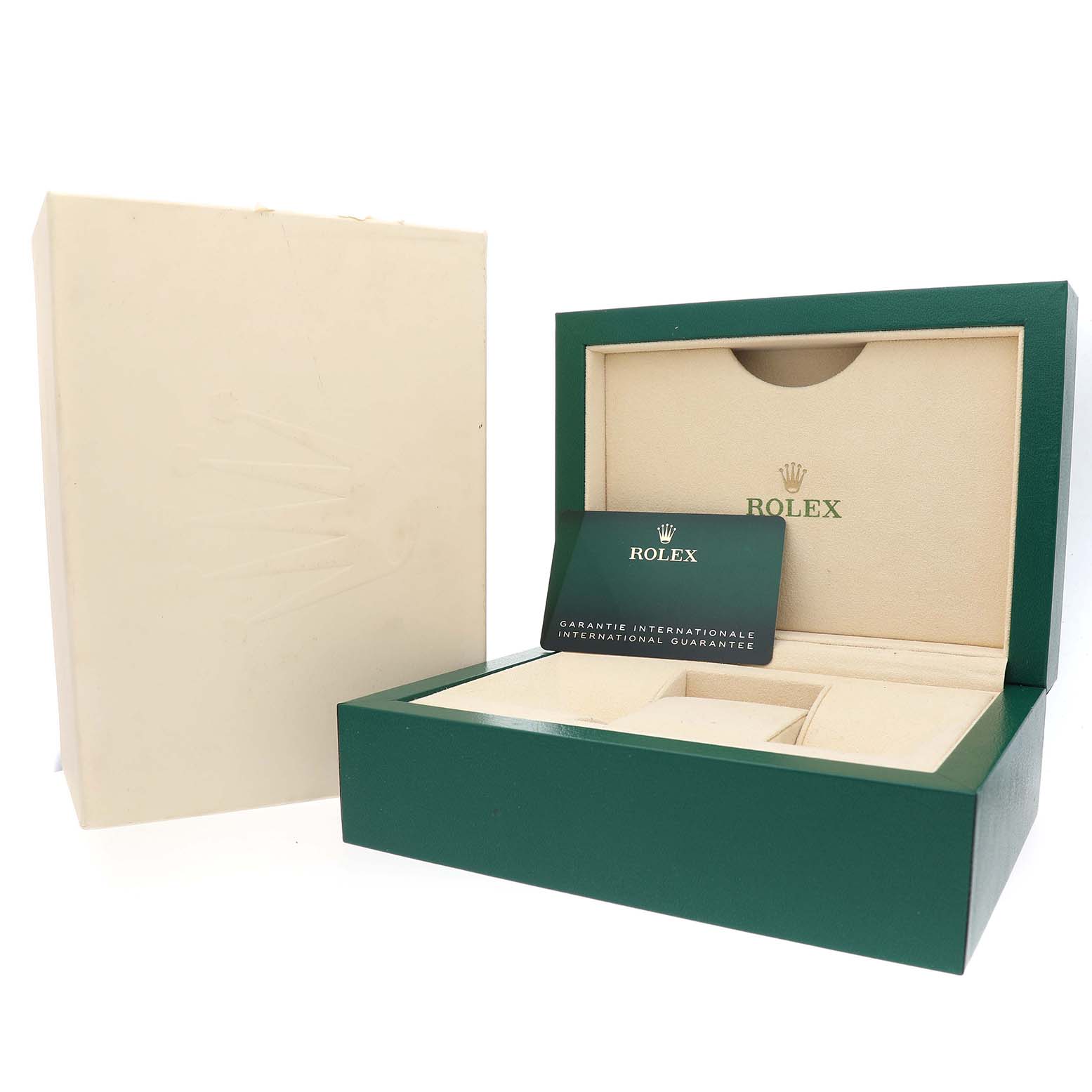The image shows the open packaging and guarantee card for a Rolex Datejust Women's Steel and Gold (two tone) Pink Dial watch.