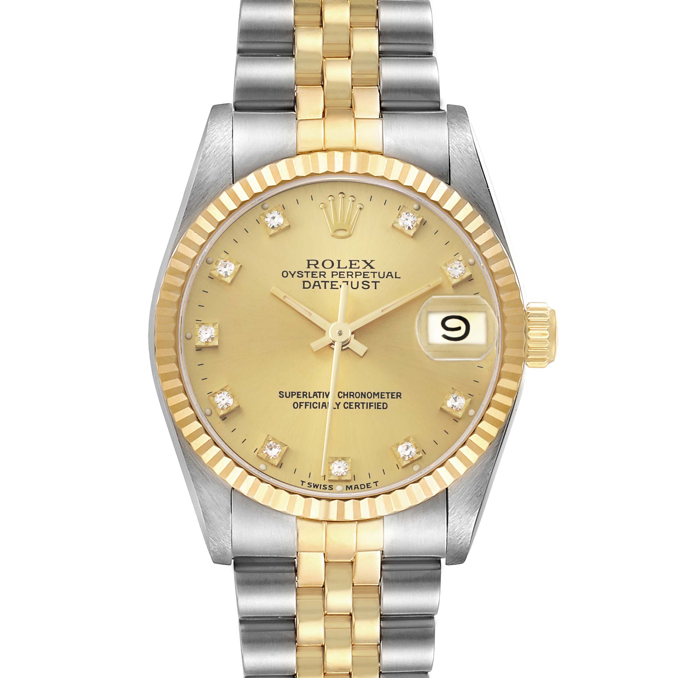 The Rolex Datejust 68273 Women's Steel and Gold (two tone) Champagne Dial model is shown from the front, displaying the dial, fluted bezel, two-tone Jubilee bracelet, and date window.