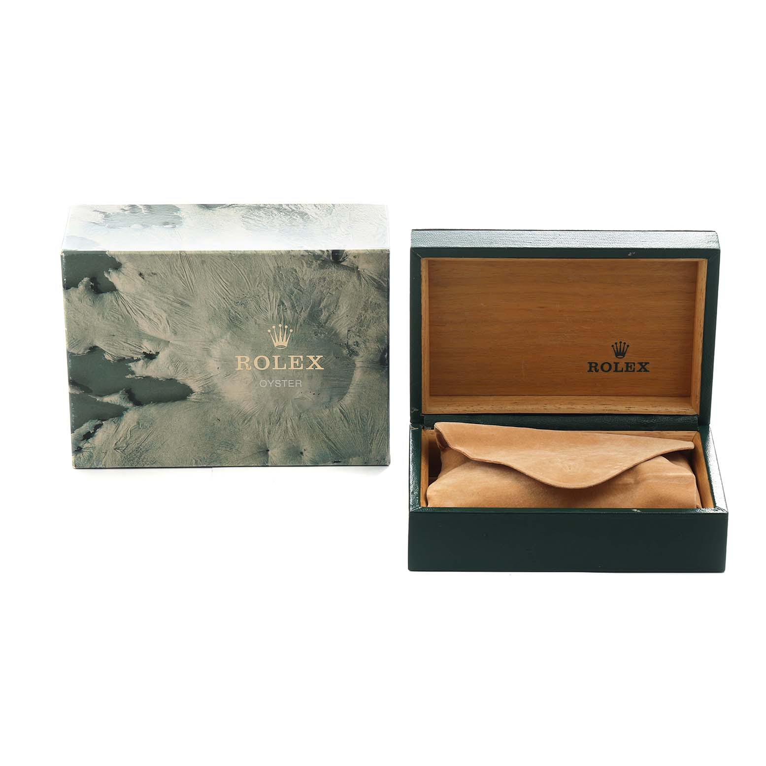 The image shows a Rolex Datejust 68273 Women's Steel and Gold (two tone) Champagne Dial box and case at a straight angle, featuring the outer box and watch case with a pouch inside.