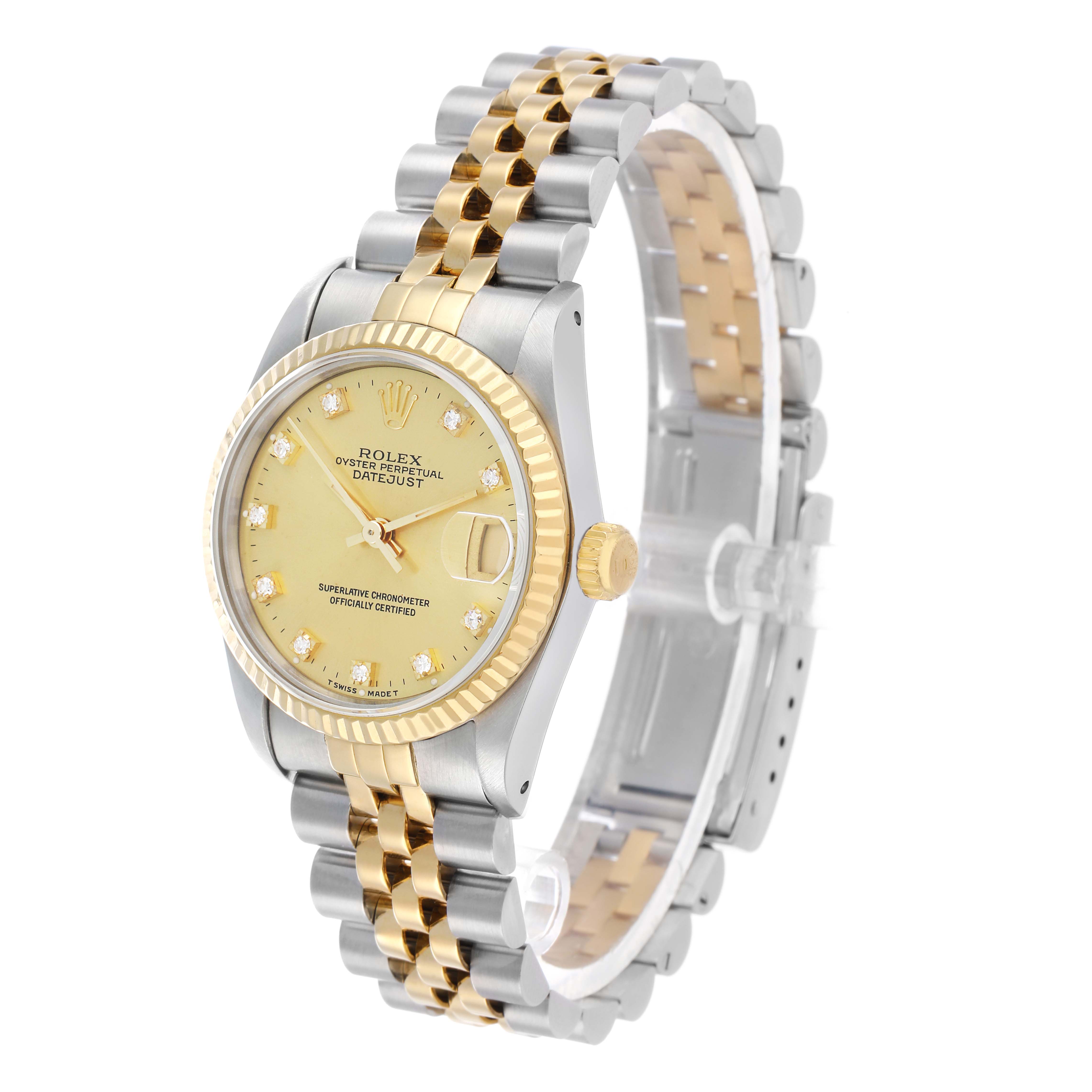 The Rolex Datejust 68273 Women's Steel and Gold (two tone) Champagne Dial watch is shown from an angled view, highlighting the face, bezel, and two-tone bracelet.