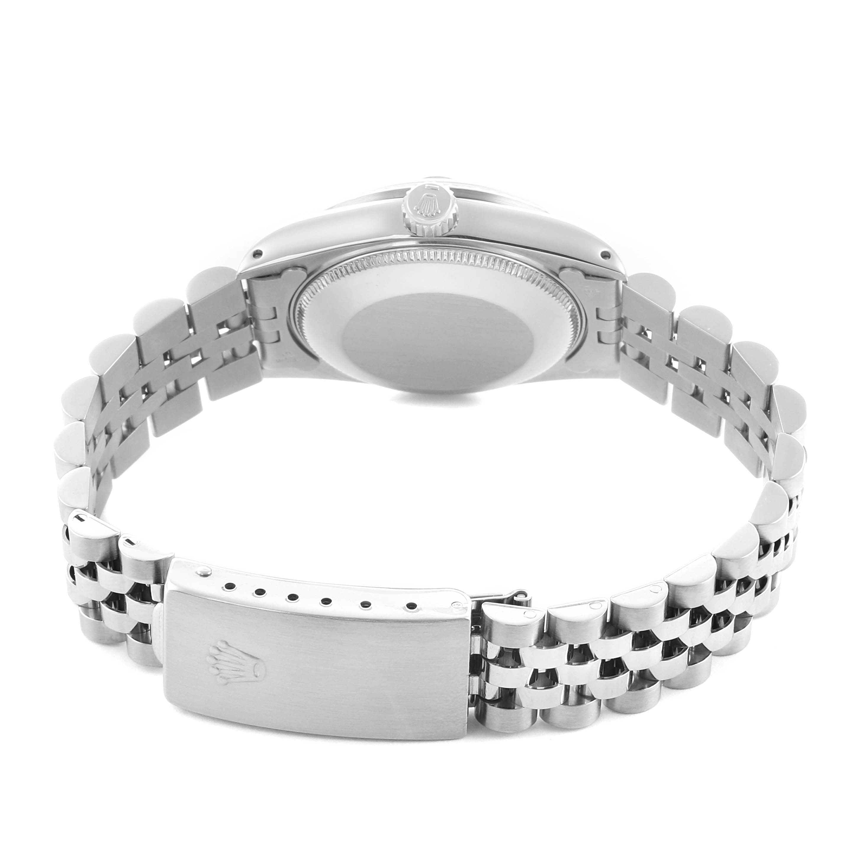 The Rolex Datejust 68274 Women's Stainless Steel Black Dial watch is shown from the back, highlighting the clasp, bracelet, crown, and case back.