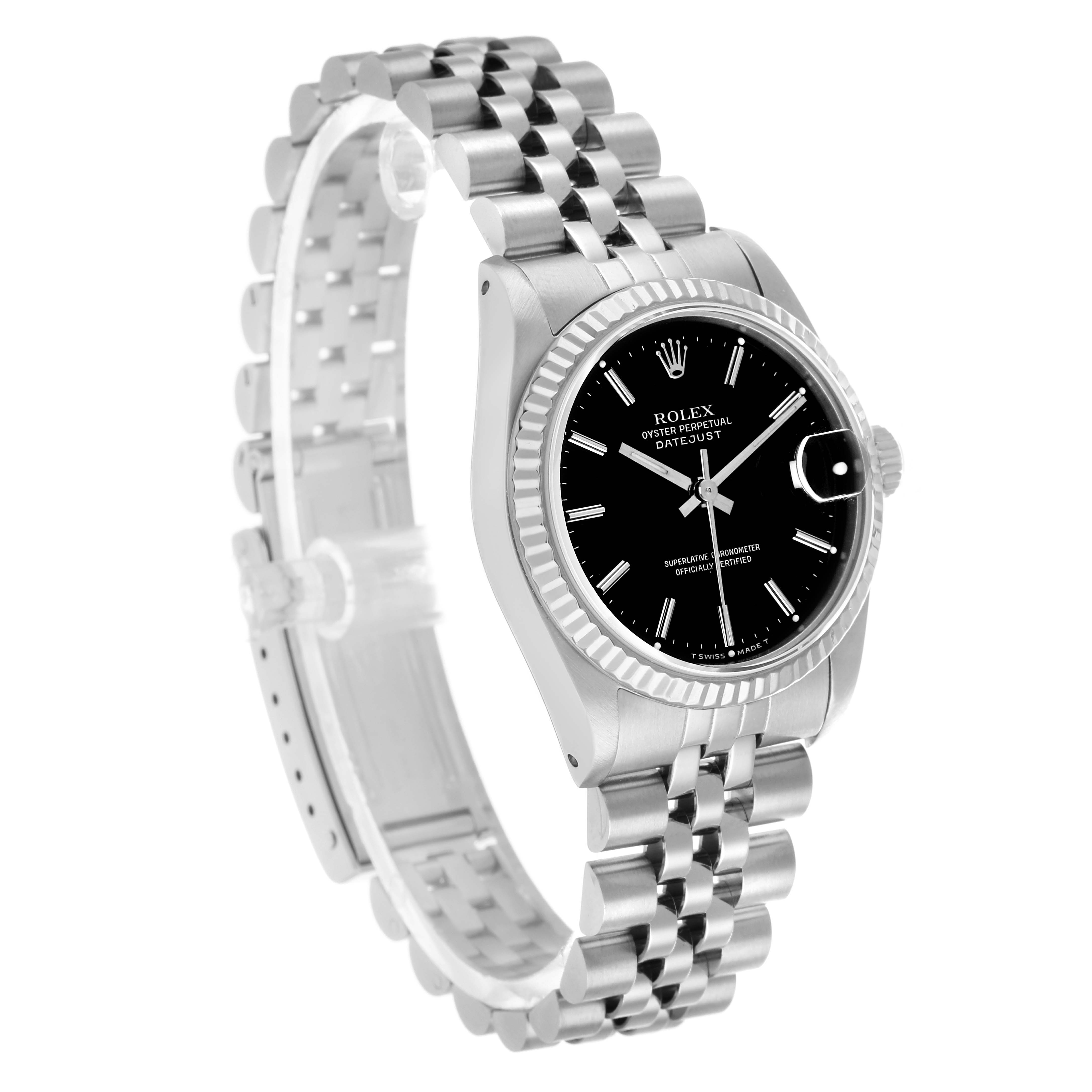 The Rolex Datejust 68274 Women's Stainless Steel Black Dial watch is shown at a three-quarter angle, displaying its dial, bezel, and bracelet.