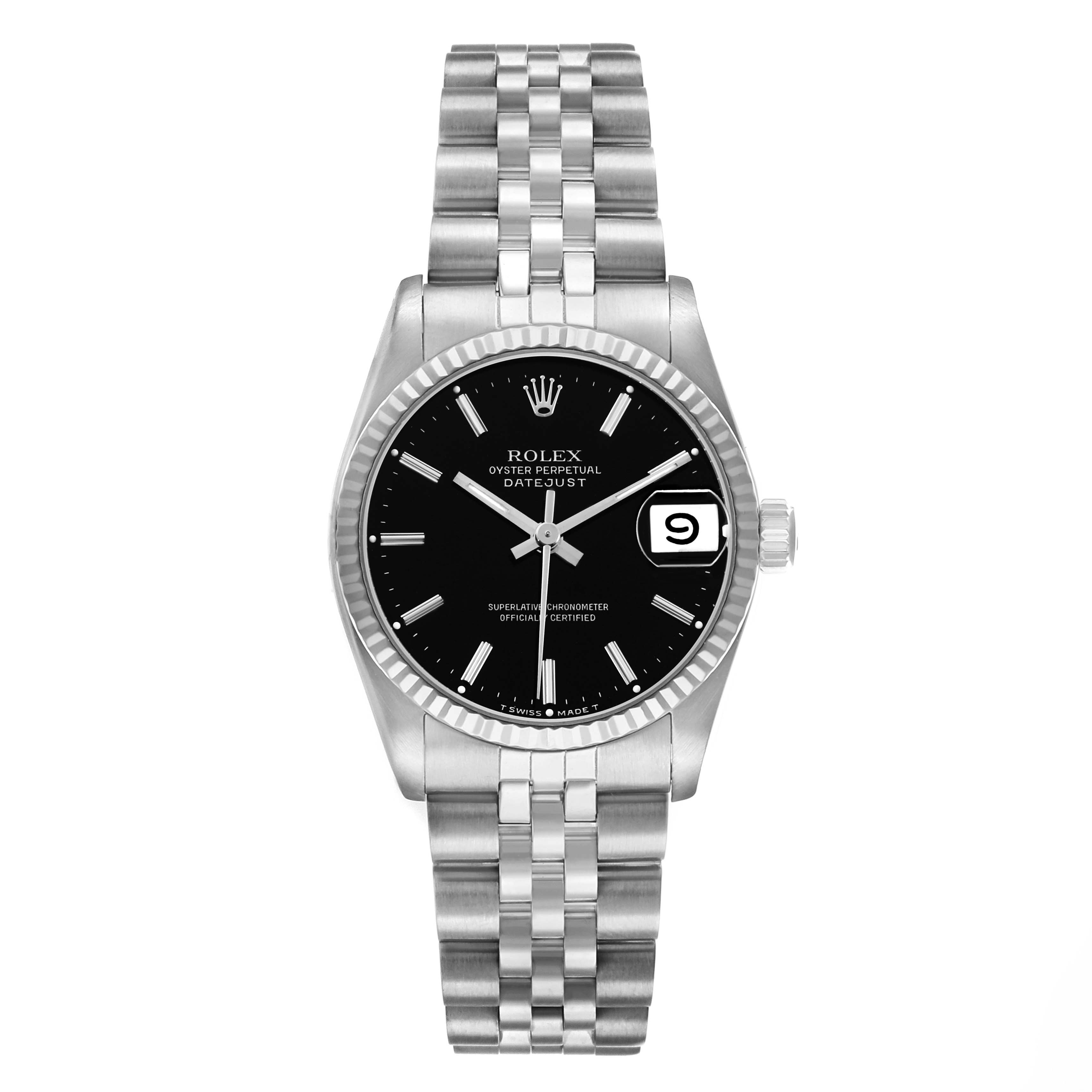The Rolex Datejust 68274 Women's Stainless Steel Black Dial watch is shown from the front, featuring its black dial, fluted bezel, and Jubilee bracelet.