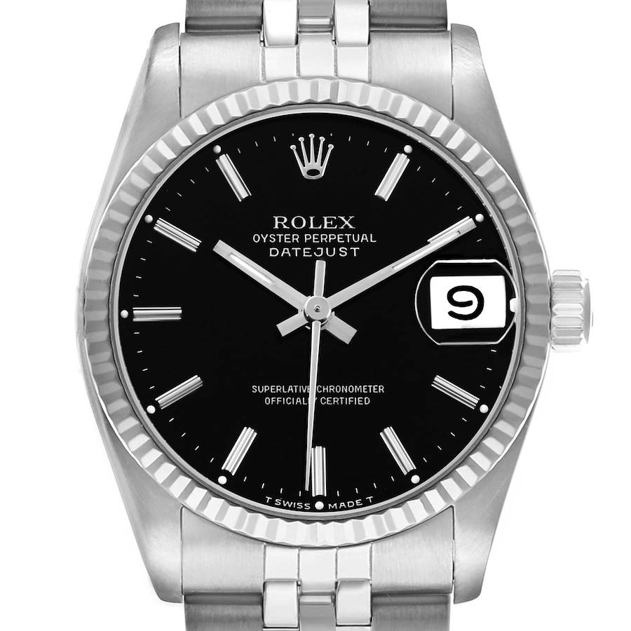 The Rolex Datejust 68274 Women's Stainless Steel Black Dial watch is shown from the front, highlighting the dial, bezel, crown, and part of the bracelet.