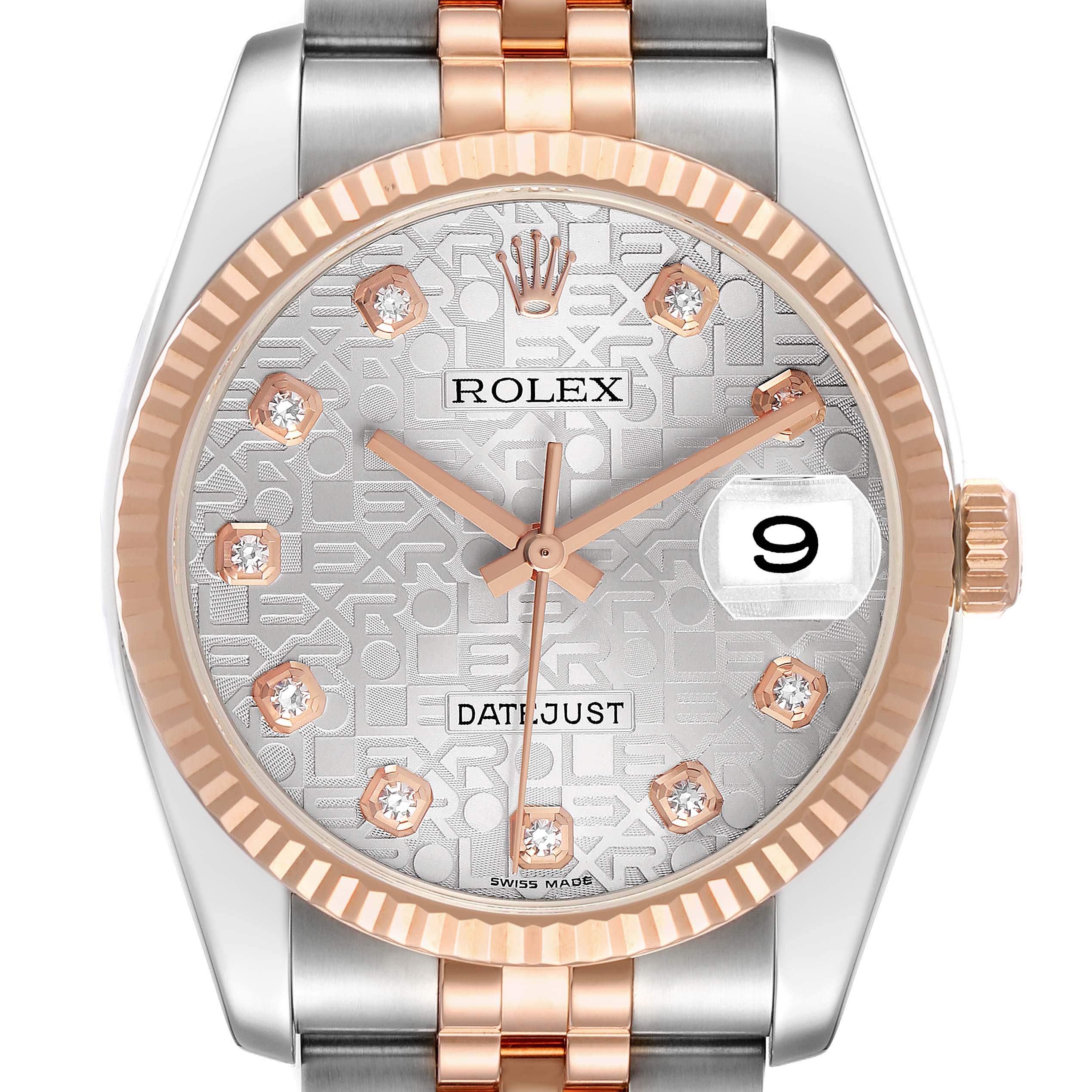 The Rolex Datejust 116231 Men's Steel and Gold (two tone) Silver Dial watch is shown from a front angle, highlighting its dial, bezel, and part of the bracelet.