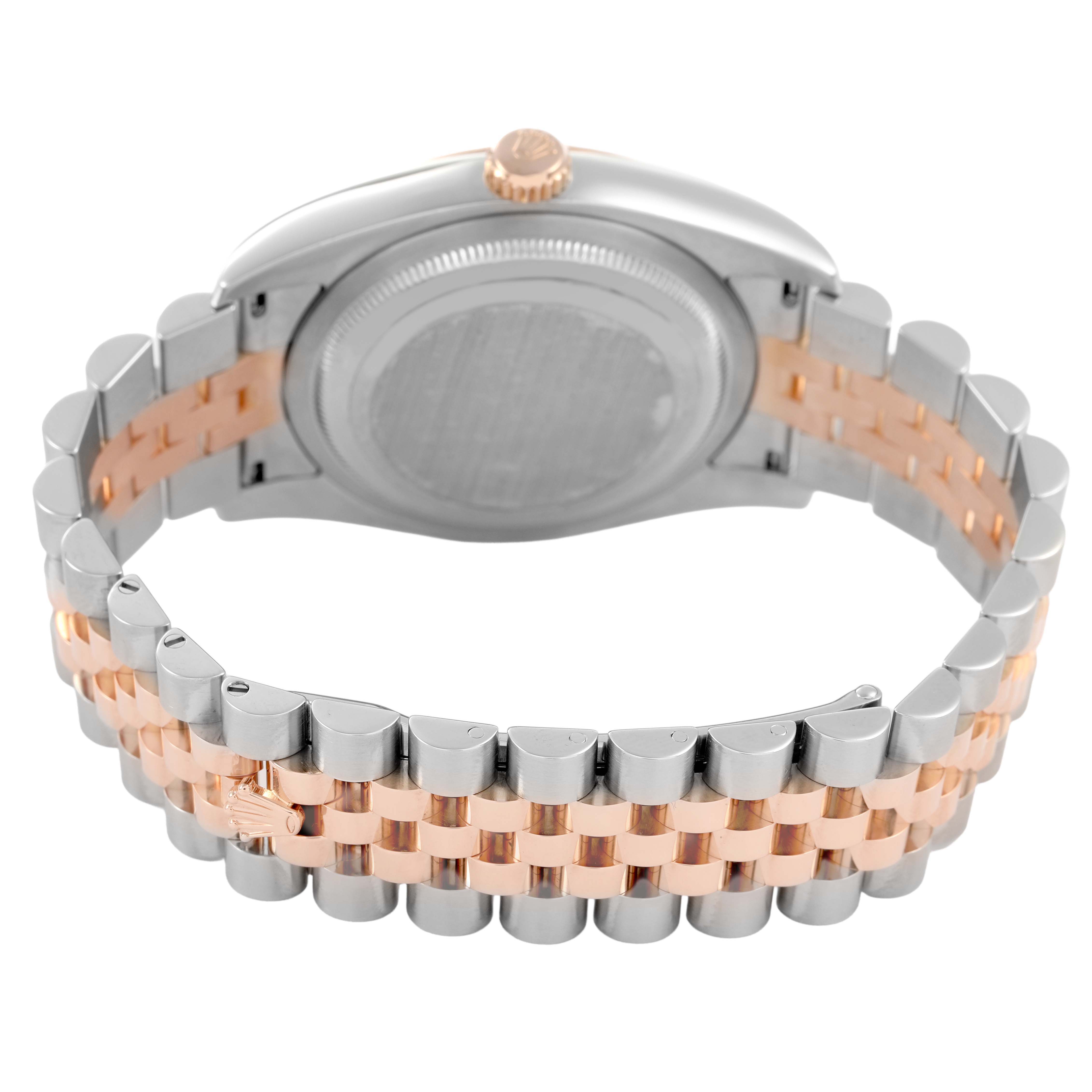 The image shows the back of the Rolex Datejust 116231 Men's Steel and Gold (two tone) Silver Dial watch, highlighting the case and two-tone metal bracelet.