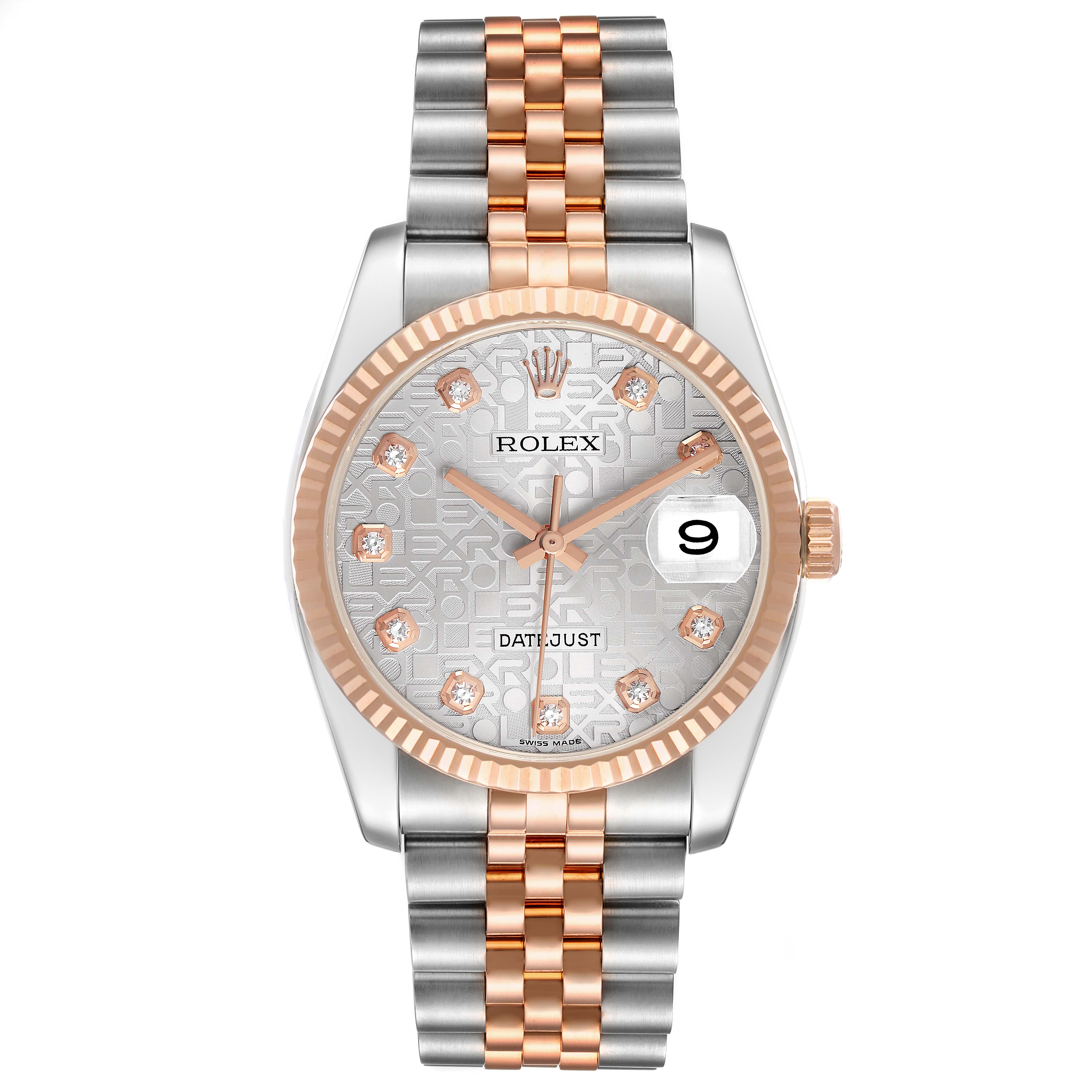 The Rolex Datejust 116231 Men's Steel and Gold (two tone) Silver Dial watch is shown from the front, highlighting the face, bezel, crown, and bracelet.