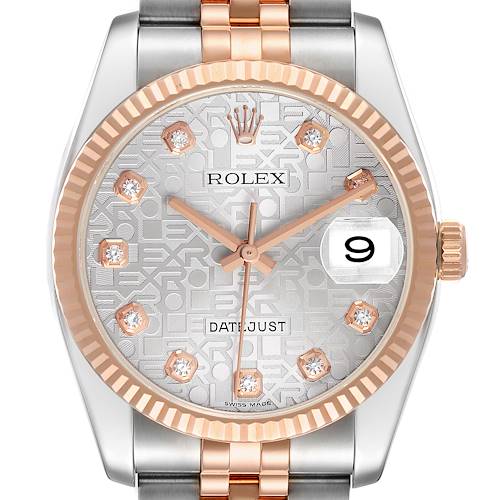 The Rolex Datejust 116231 Men's Steel and Gold (two tone) Silver Dial watch is shown from a front angle, highlighting its dial, bezel, and part of the bracelet.