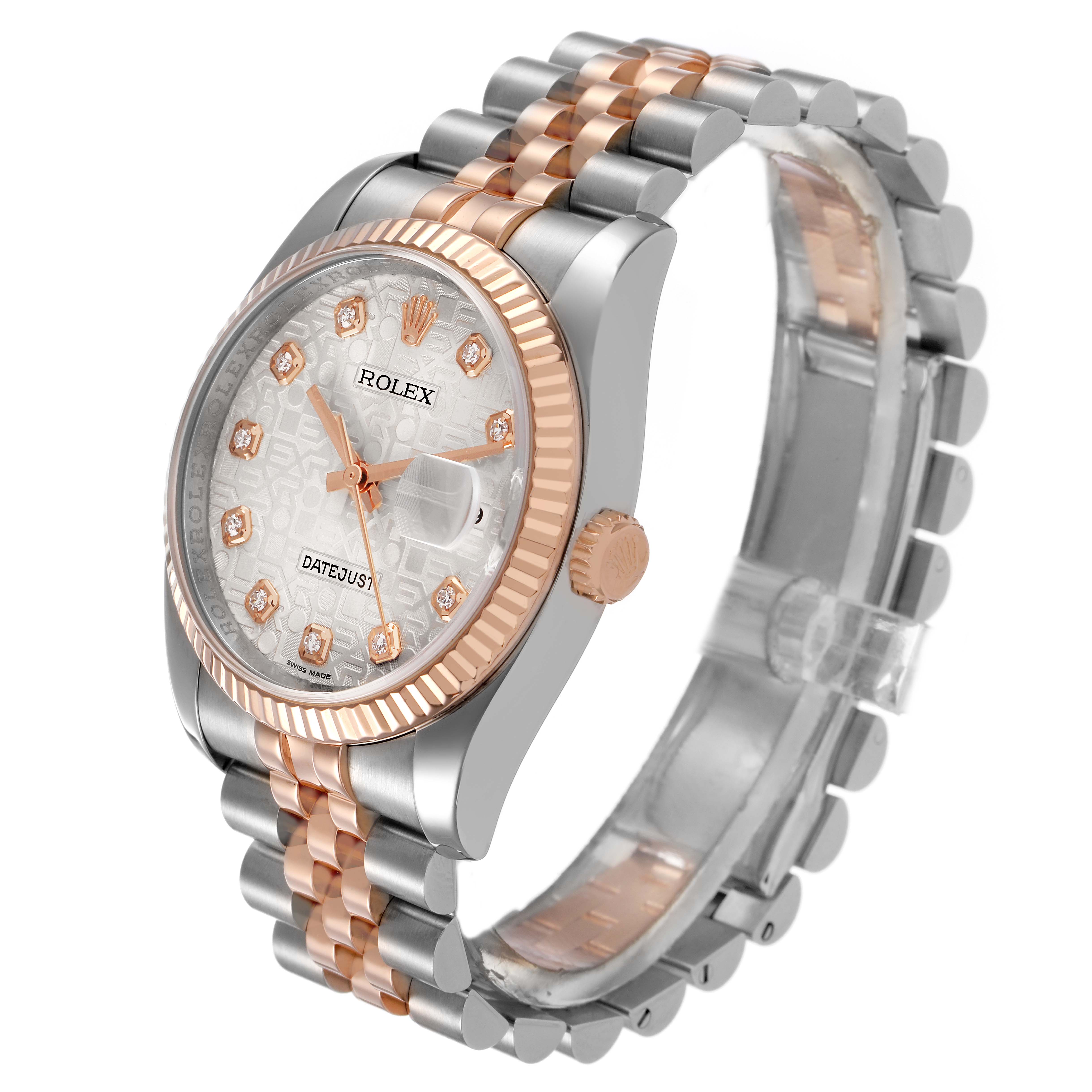 The Rolex Datejust 116231 Men's Steel and Gold (two tone) Silver Dial watch is shown at an angled view, highlighting the dial, bezel, crown, and two-tone bracelet.