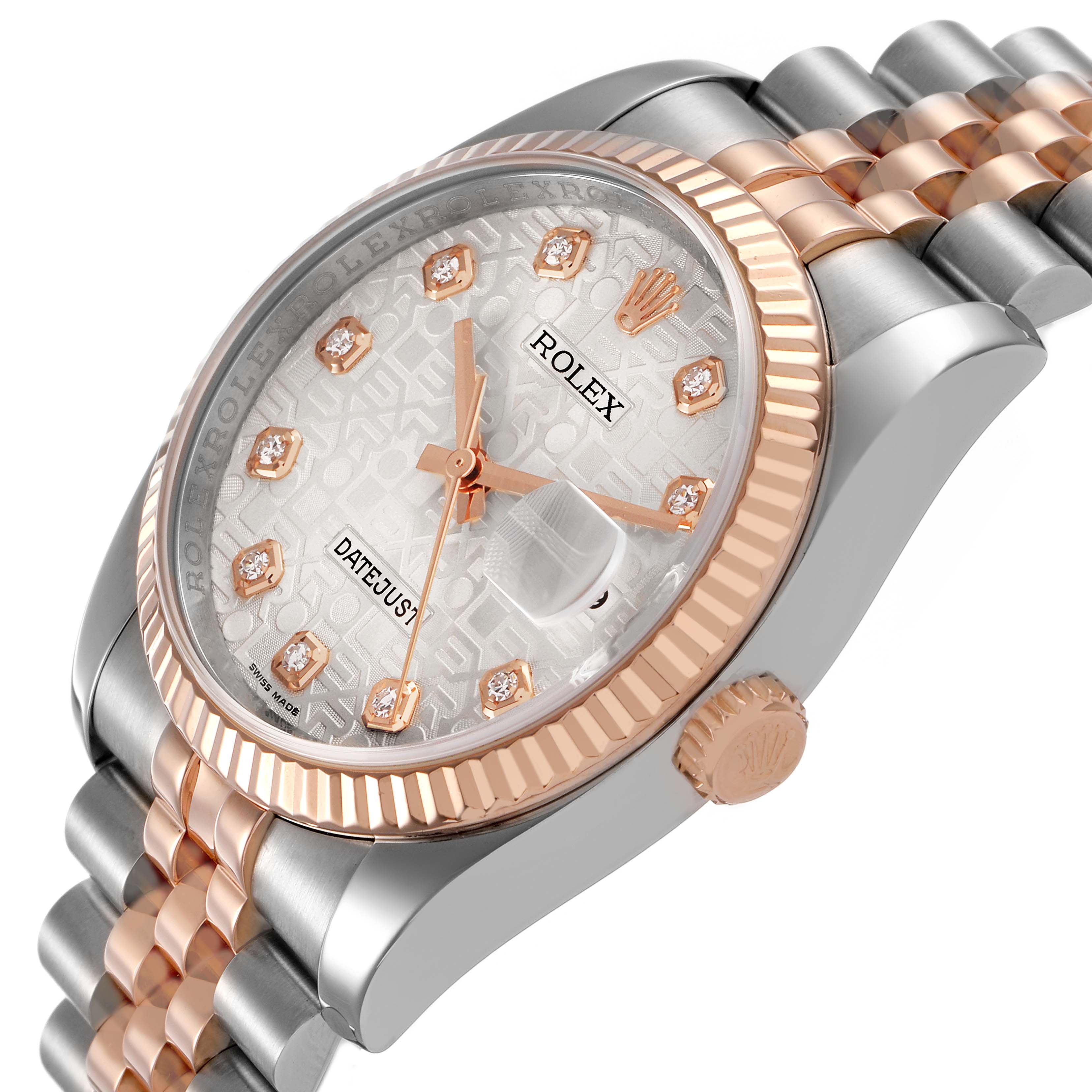 The Rolex Datejust 116231 Men's Steel and Gold (two tone) Silver Dial watch is shown at an angled view, highlighting its bezel, dial, crown, and two-tone bracelet.