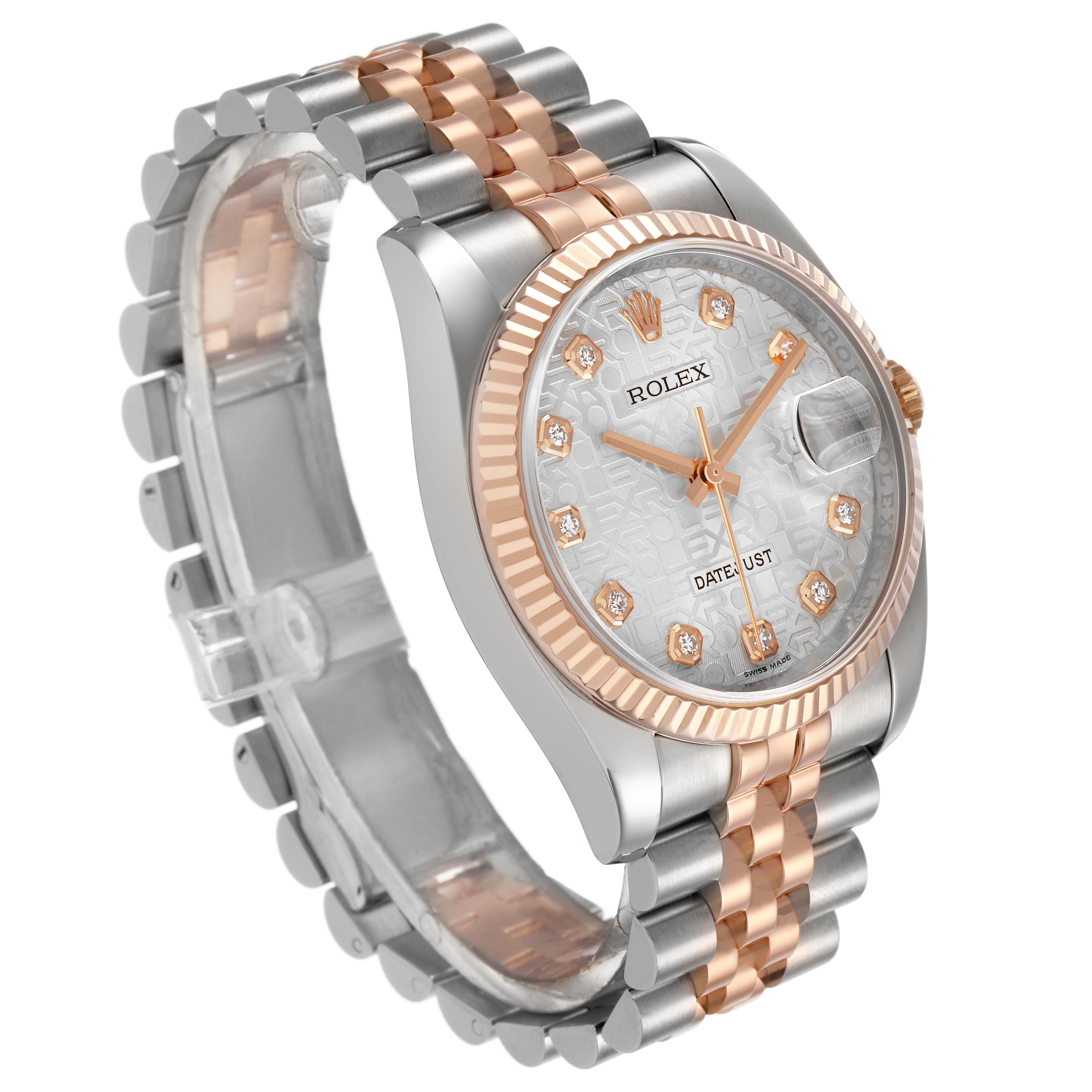 The Rolex Datejust 116231 Men's Steel and Gold (two tone) Silver Dial watch is shown at a three-quarter angle, highlighting its rose gold bezel, silver and rose gold bracelet, and diamond markers.