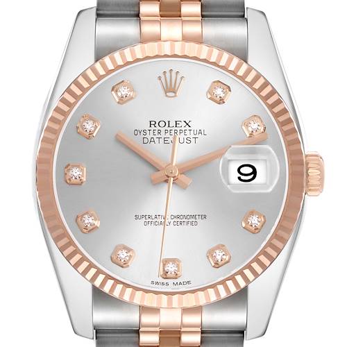 The Rolex Datejust 116231 Men's Steel and Gold (two tone) Silver Dial watch is shown from a front angle, highlighting the dial, bezel, crown, and part of the bracelet.