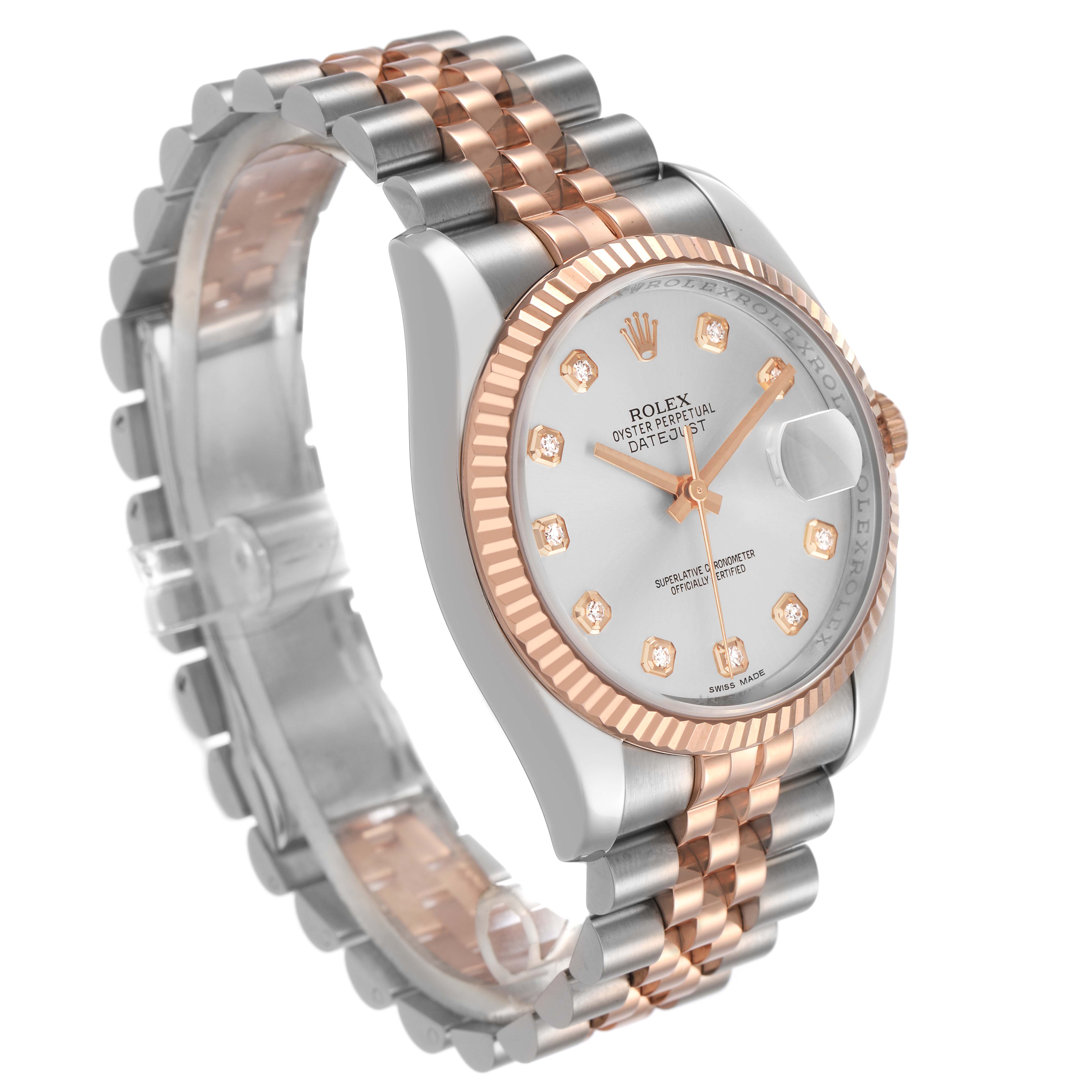 The Rolex Datejust 116231 Men's Steel and Gold (two tone) Silver Dial watch is shown at a three-quarter angle, displaying the face, bezel, and part of the bracelet.