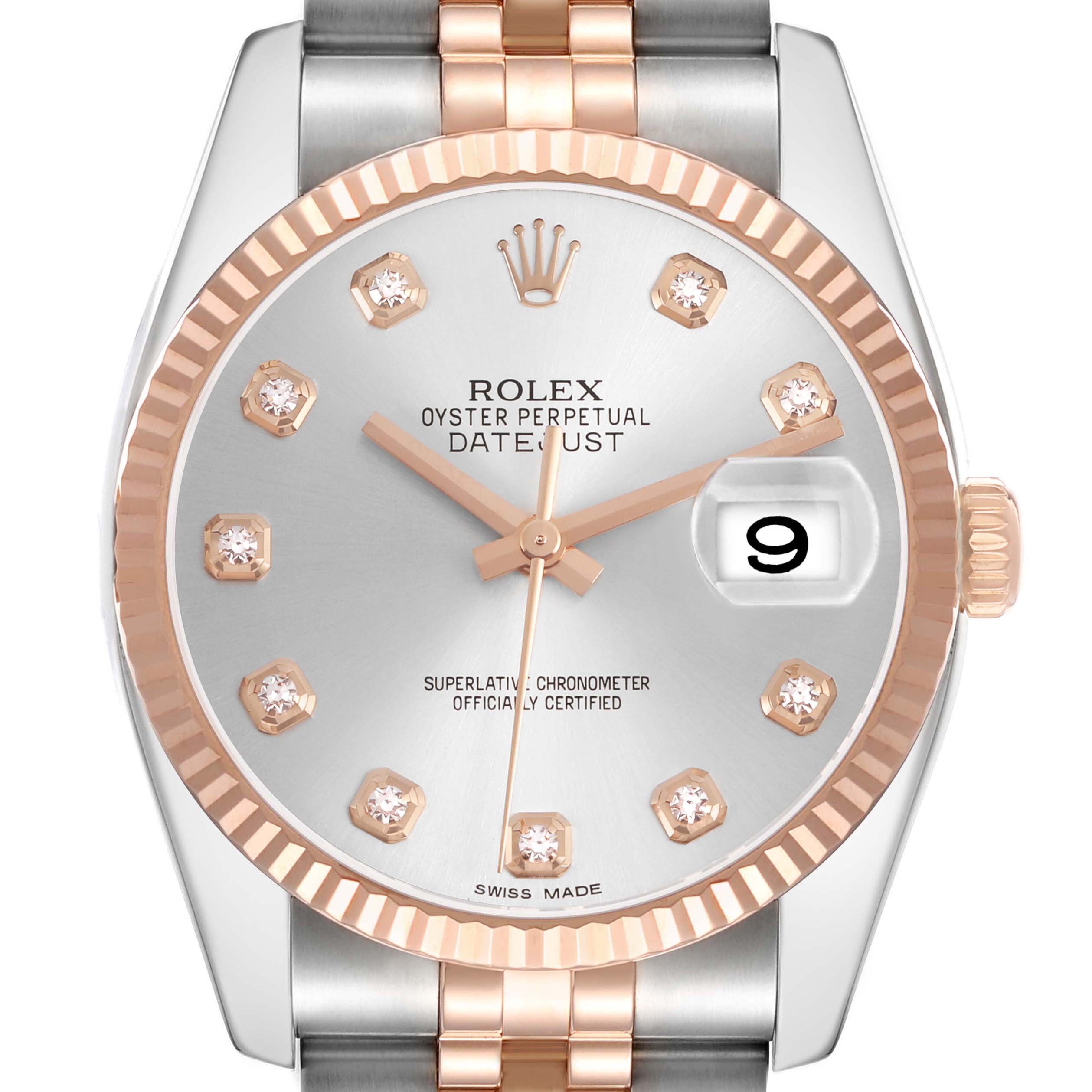 The Rolex Datejust 116231 Men's Steel and Gold (two tone) Silver Dial watch is shown from a frontal view, highlighting the dial, crown, and part of the bracelet.