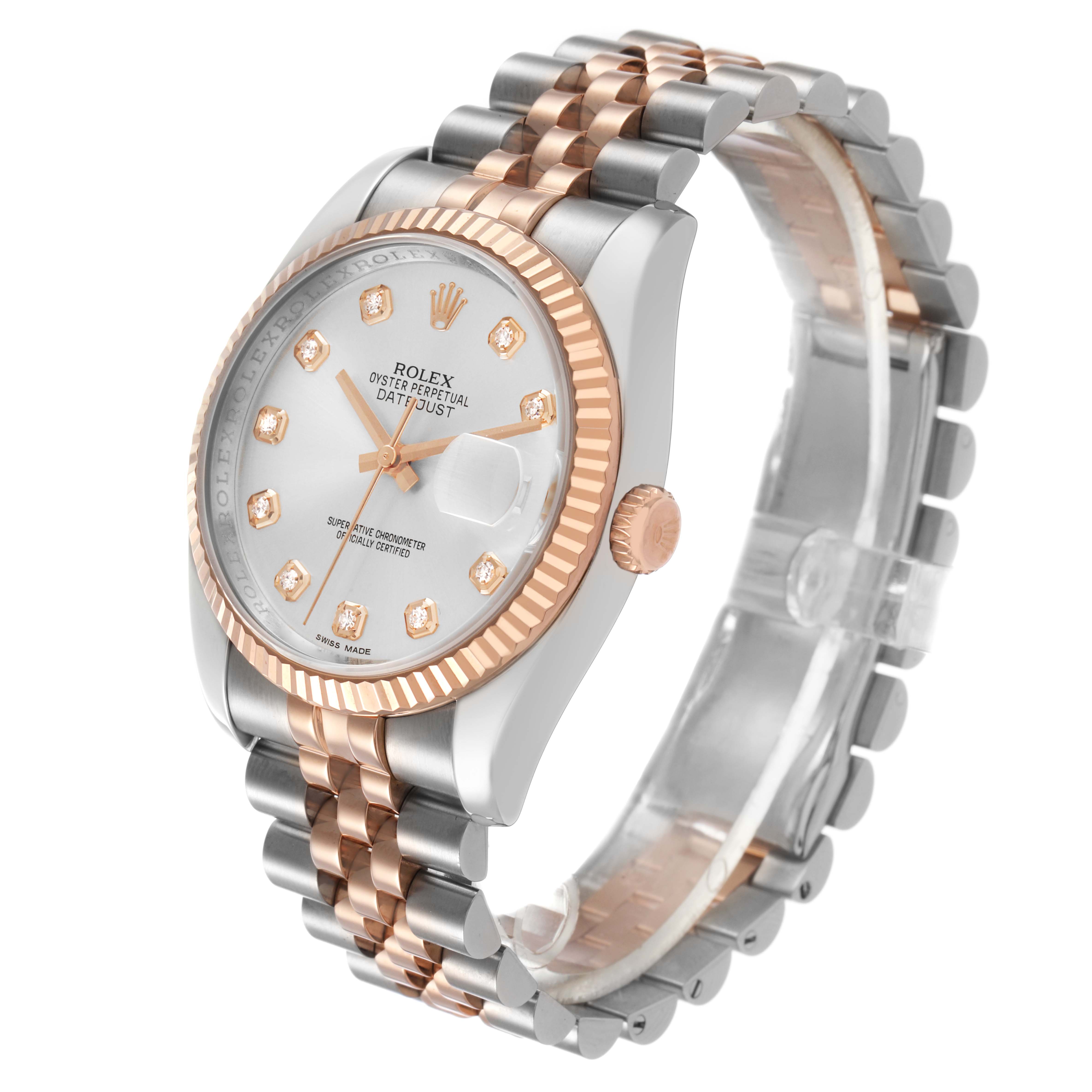 The Rolex Datejust 116231 Men's Steel and Gold (two tone) Silver Dial watch is shown from an angled frontal view, displaying the dial, bezel, crown, and bracelet.