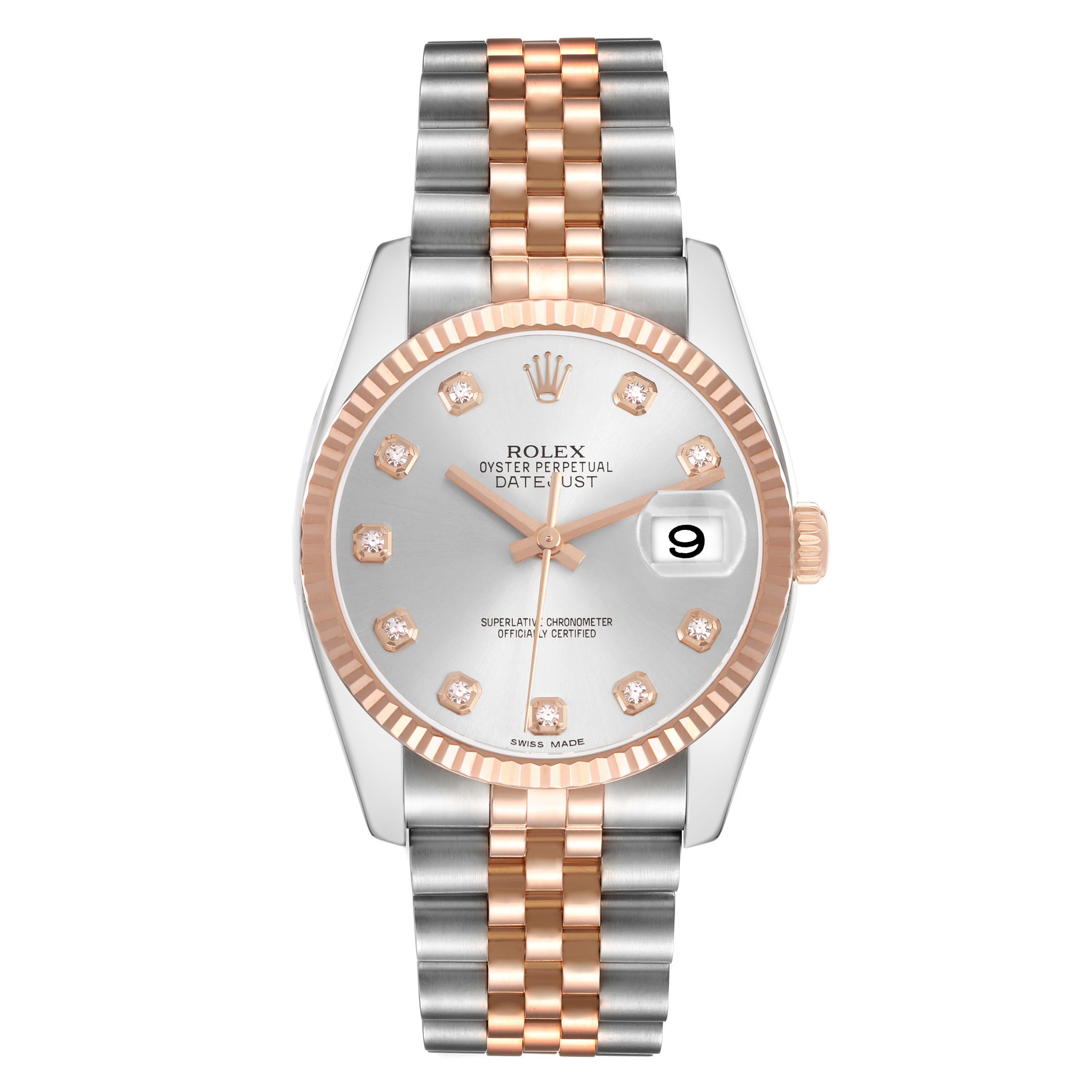The Rolex Datejust 116231 Men's Steel and Gold (two tone) Silver Dial watch is shown from the front, displaying the face, bezel, and two-tone bracelet.