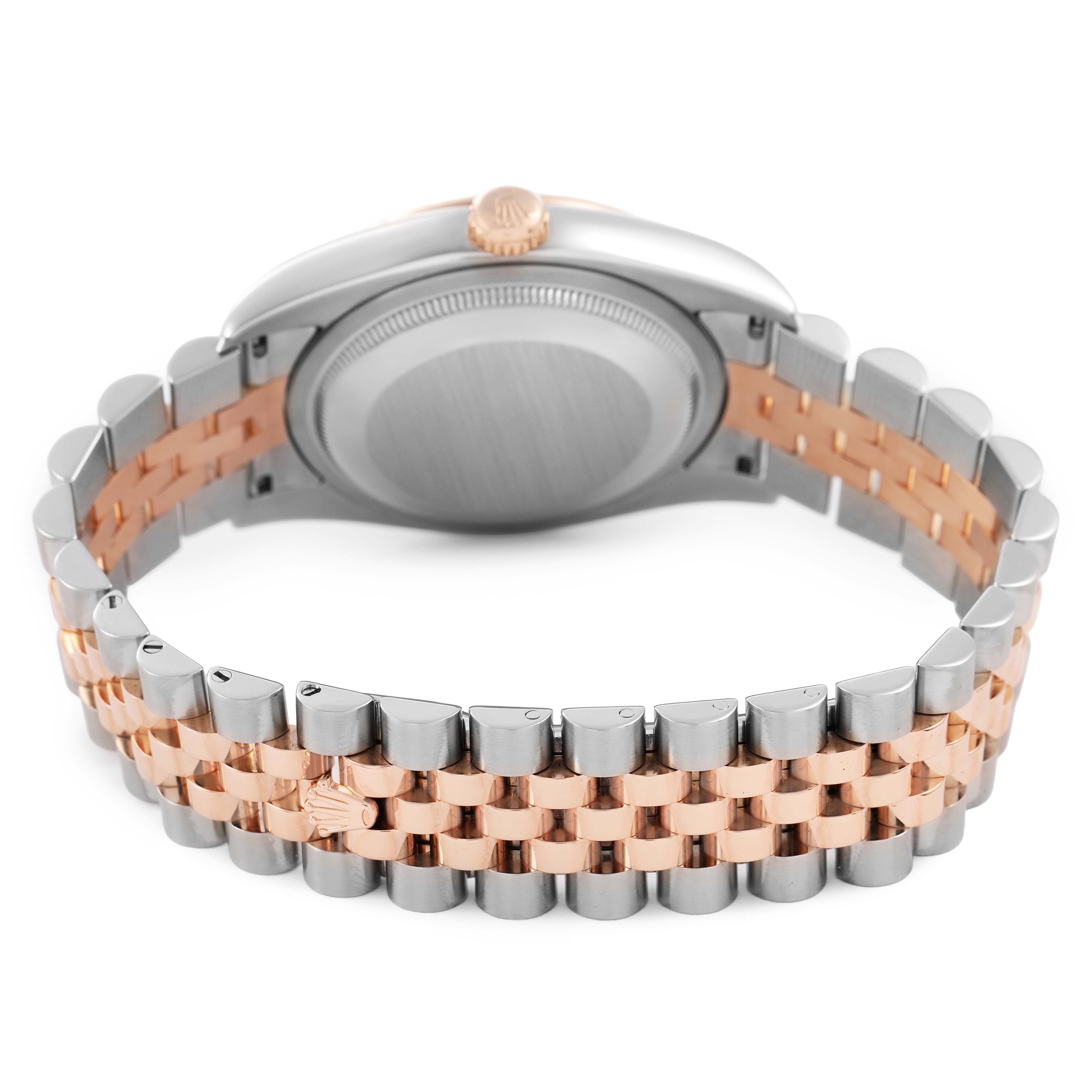 The image shows the back of a Rolex Datejust 116231 Men's Steel and Gold (two tone) Silver Dial, highlighting its two-tone metal bracelet and caseback.