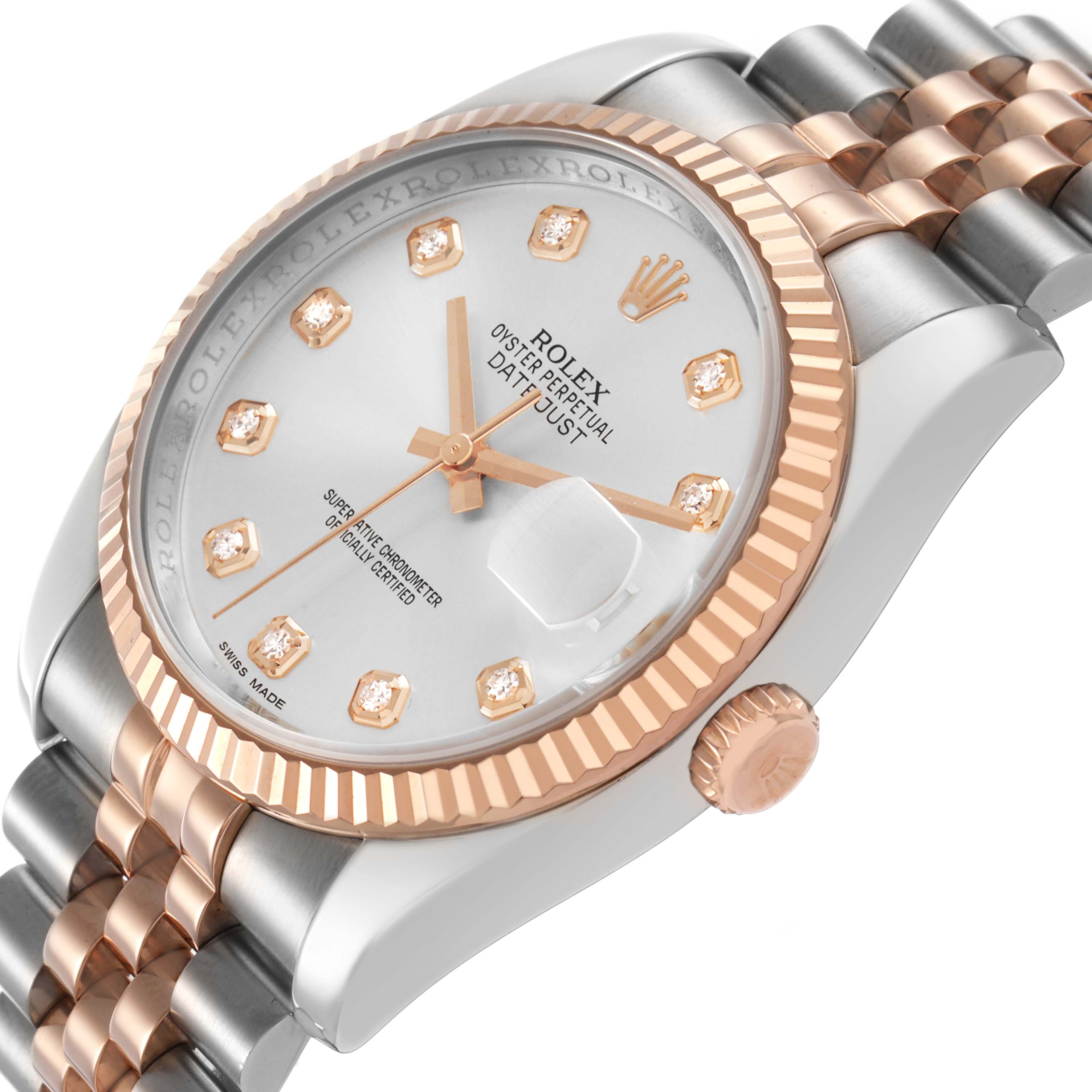 The image shows a Rolex Datejust 116231 Men's Steel and Gold (two tone) Silver Dial watch at an angle highlighting the bezel, dial, crown, and two-tone bracelet.