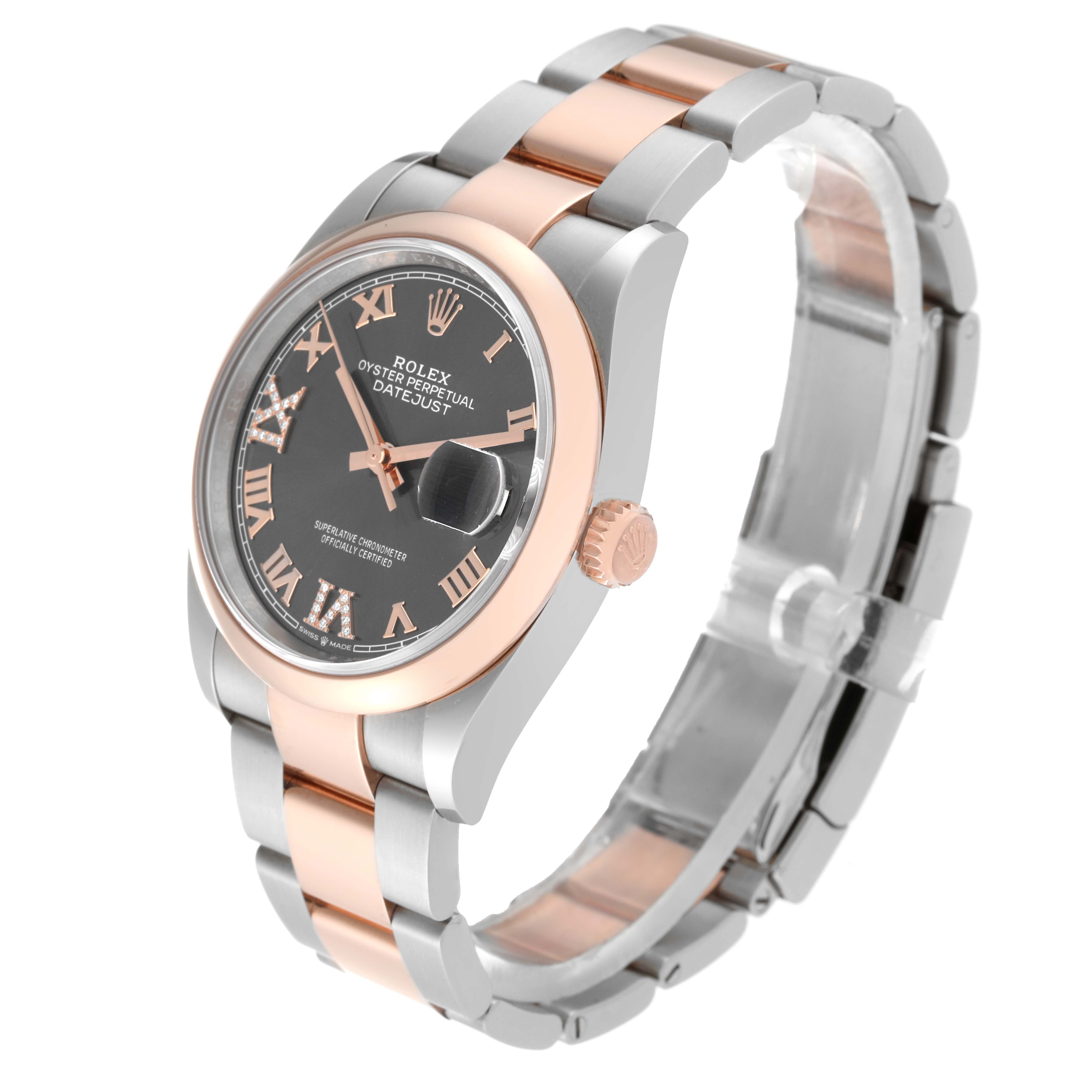 The Rolex Datejust 126201 Men's Steel and Gold (two tone) Grey Dial 126201 Men's Steel and Gold (two tone) Grey Dial watch is shown at a three-quarter angle, highlighting the dial, bezel, crown, and bracelet.