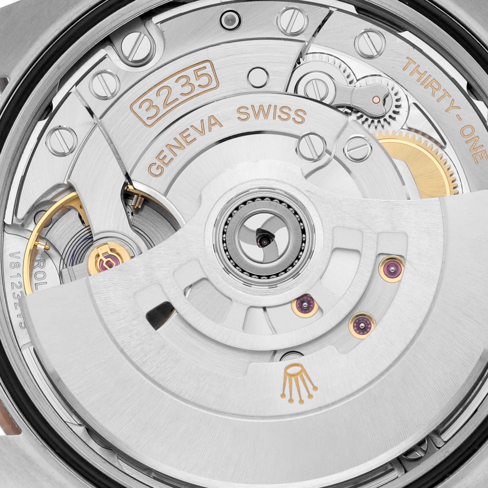 This image shows the movement mechanism of a Rolex Datejust 126201 Men's Steel and Gold (two tone) Grey Dial 126201 Men's Steel and Gold (two tone) Grey Dial watch from the top angle, highlighting the intricate components.