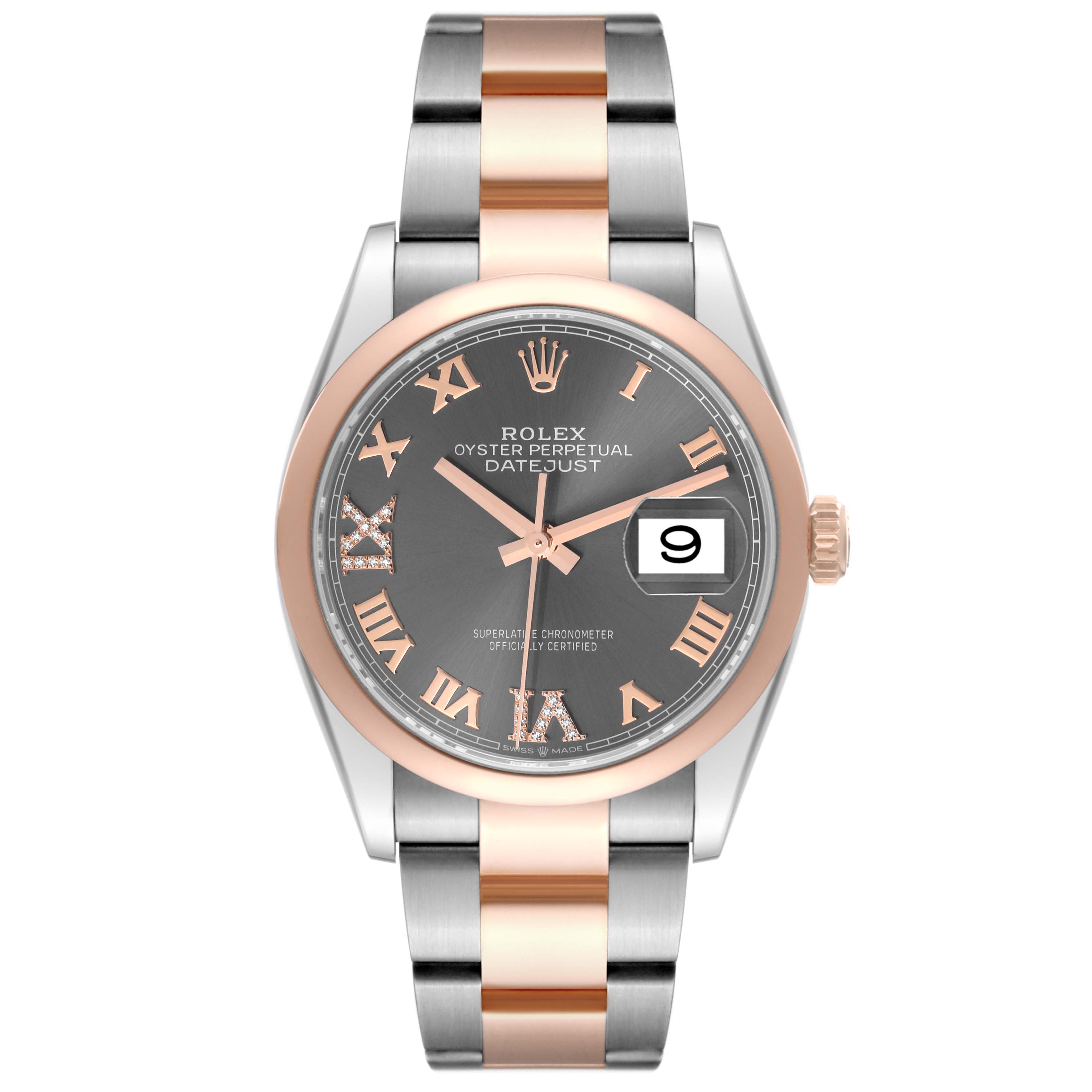 The image shows a front view of a Rolex Datejust 126201 Men's Steel and Gold (two tone) Grey Dial 126201 Men's Steel and Gold (two tone) Grey Dial watch, including its dial, bezel, and two-tone bracelet.