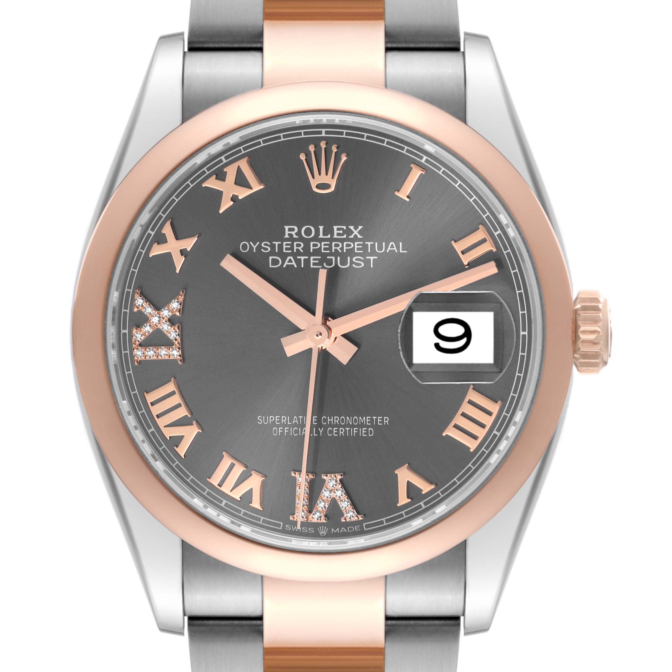 This Rolex Datejust 126201 Men's Steel and Gold (two tone) Grey Dial 126201 Men's Steel and Gold (two tone) Grey Dial watch is shown from a front angle, displaying its gray dial, rose gold bezel, and two-tone bracelet.