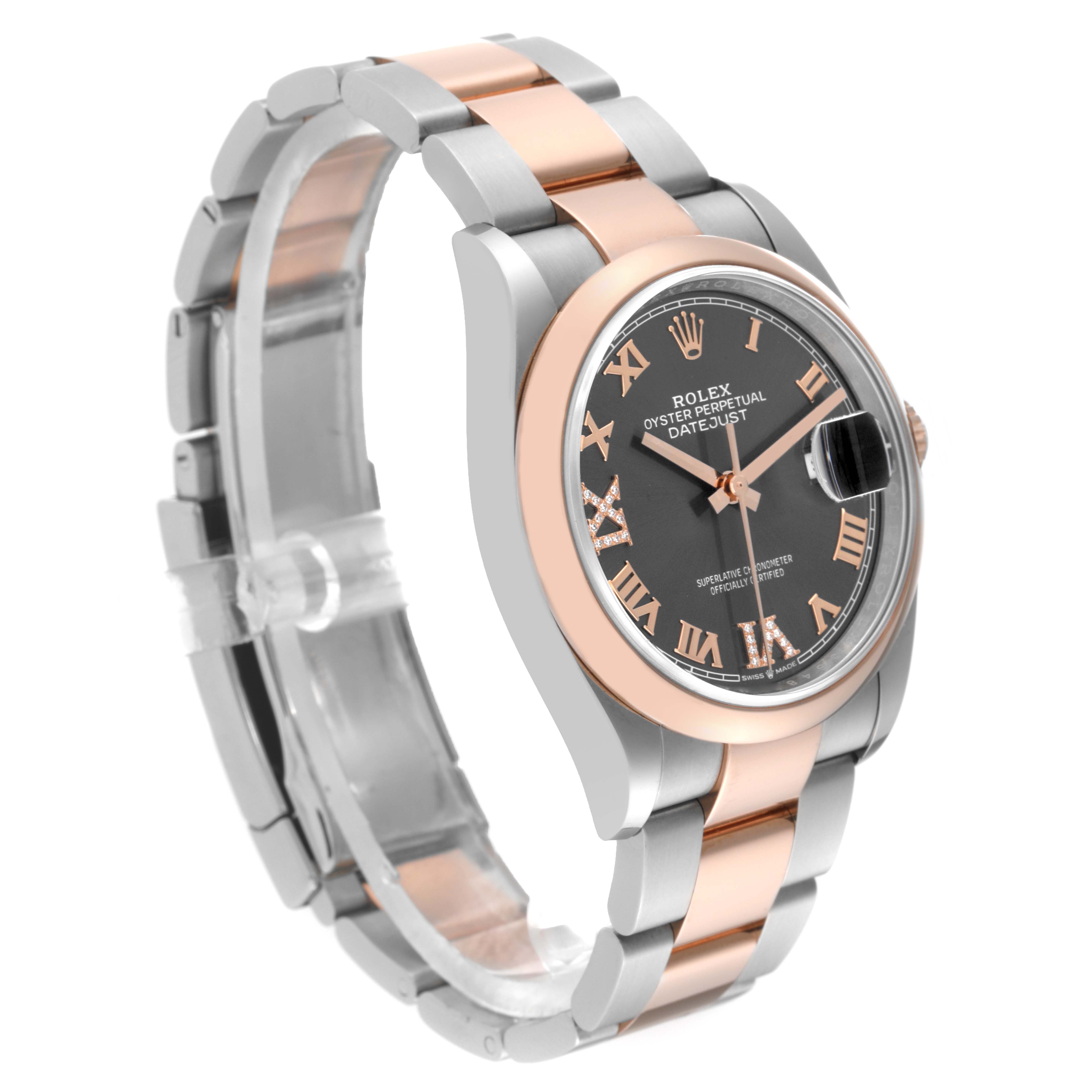 The Rolex Datejust 126201 Men's Steel and Gold (two tone) Grey Dial 126201 Men's Steel and Gold (two tone) Grey Dial watch is shown at a three-quarter angle, displaying the face, bezel, and part of the bracelet.