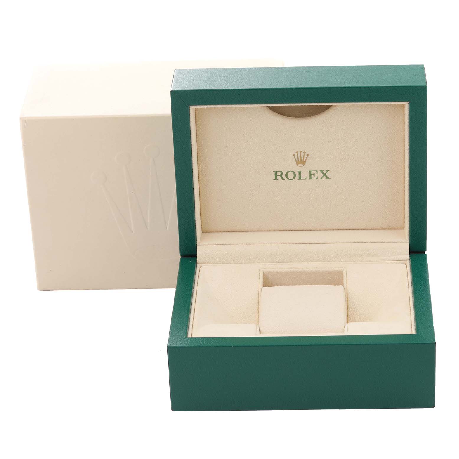 The image shows an open Rolex Datejust 126201 Men's Steel and Gold (two tone) Grey Dial 126201 Men's Steel and Gold (two tone) Grey Dial model watch box with its exterior and interior visible.