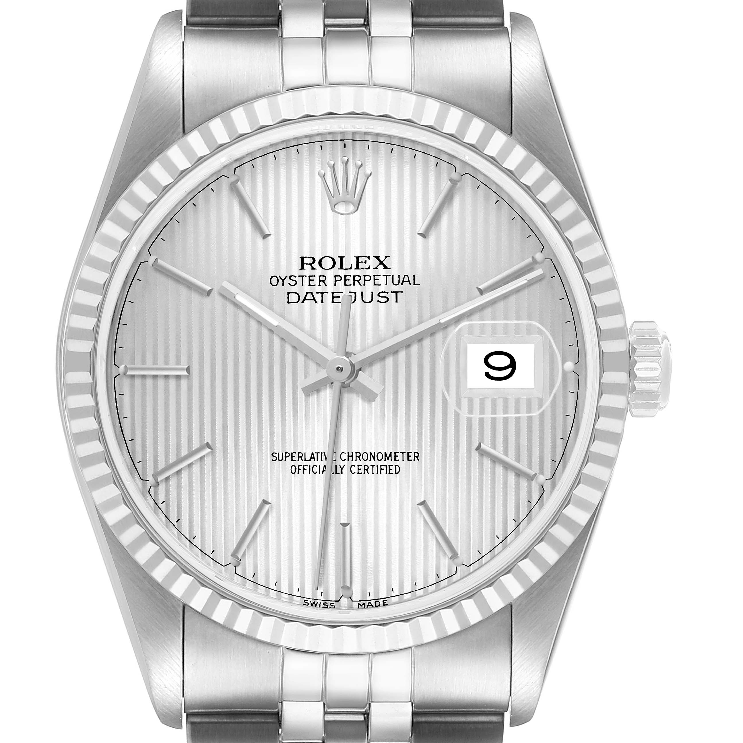 The Rolex Datejust 16234 Men's Stainless Steel Silver Dial watch is shown from the front, displaying the dial, bezel, date window, and part of the bracelet.